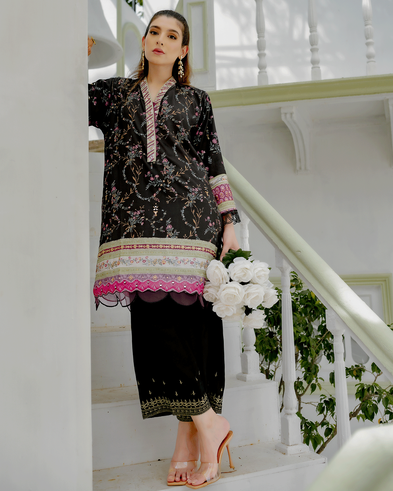 DC-2240 BLACK 2PCS HAND EMBELLISHED  SHIRT WITH TROUSER