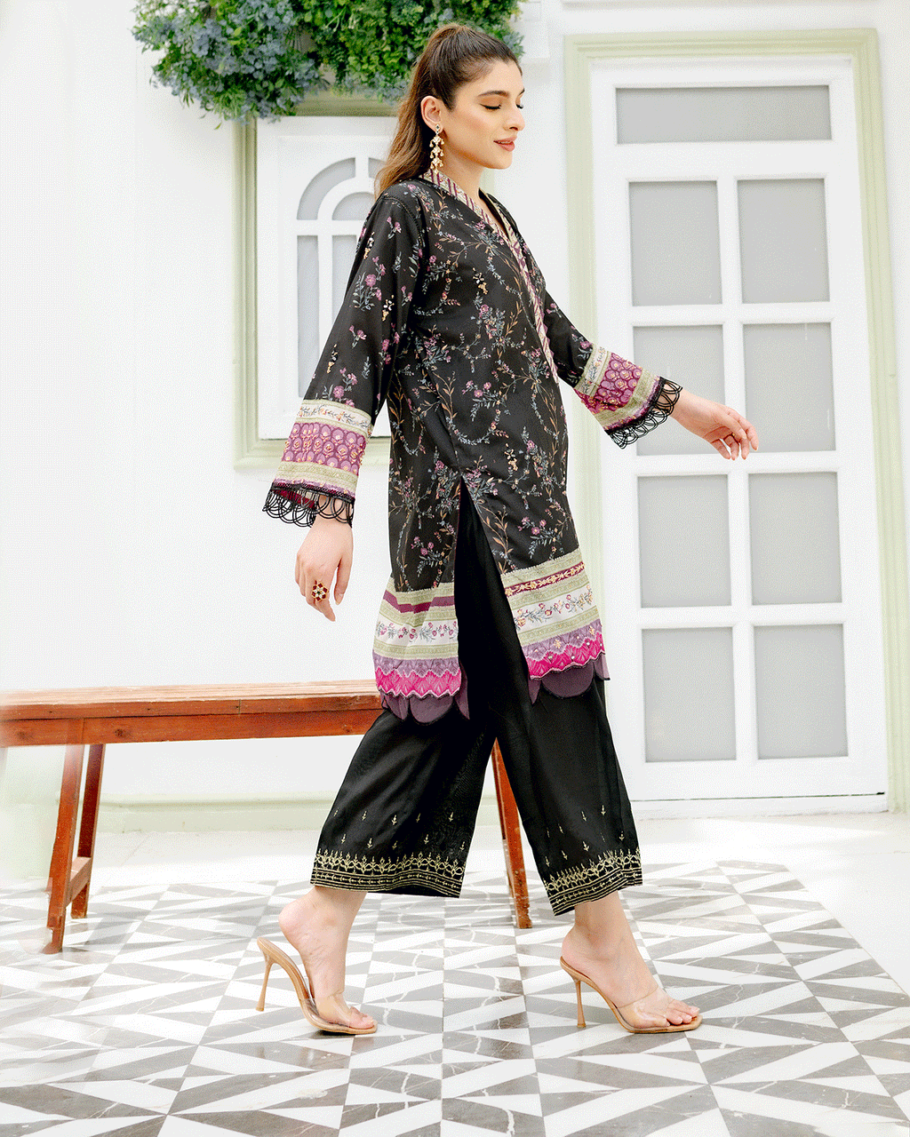 DC-2240 BLACK 2PCS HAND EMBELLISHED  SHIRT WITH TROUSER