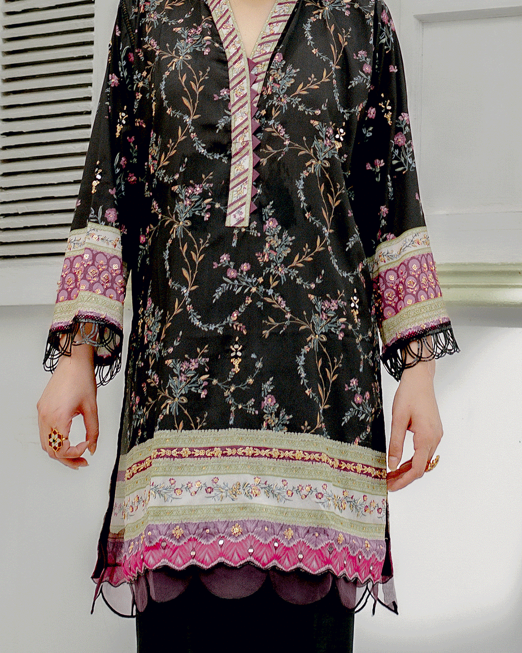 DC-2240 BLACK 2PCS HAND EMBELLISHED  SHIRT WITH TROUSER
