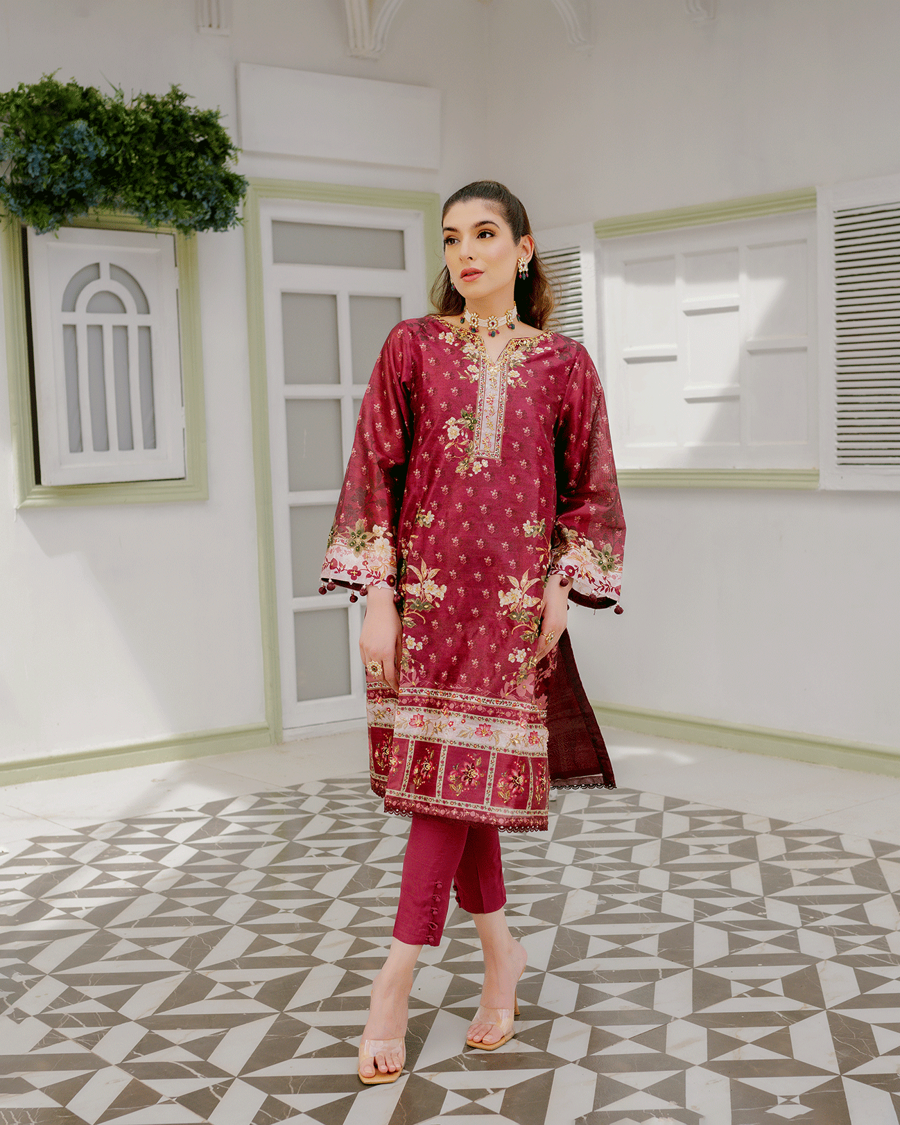 DC-2241 MAROON 2PCS HAND EMBELLISHED  SHIRT WITH TROUSER