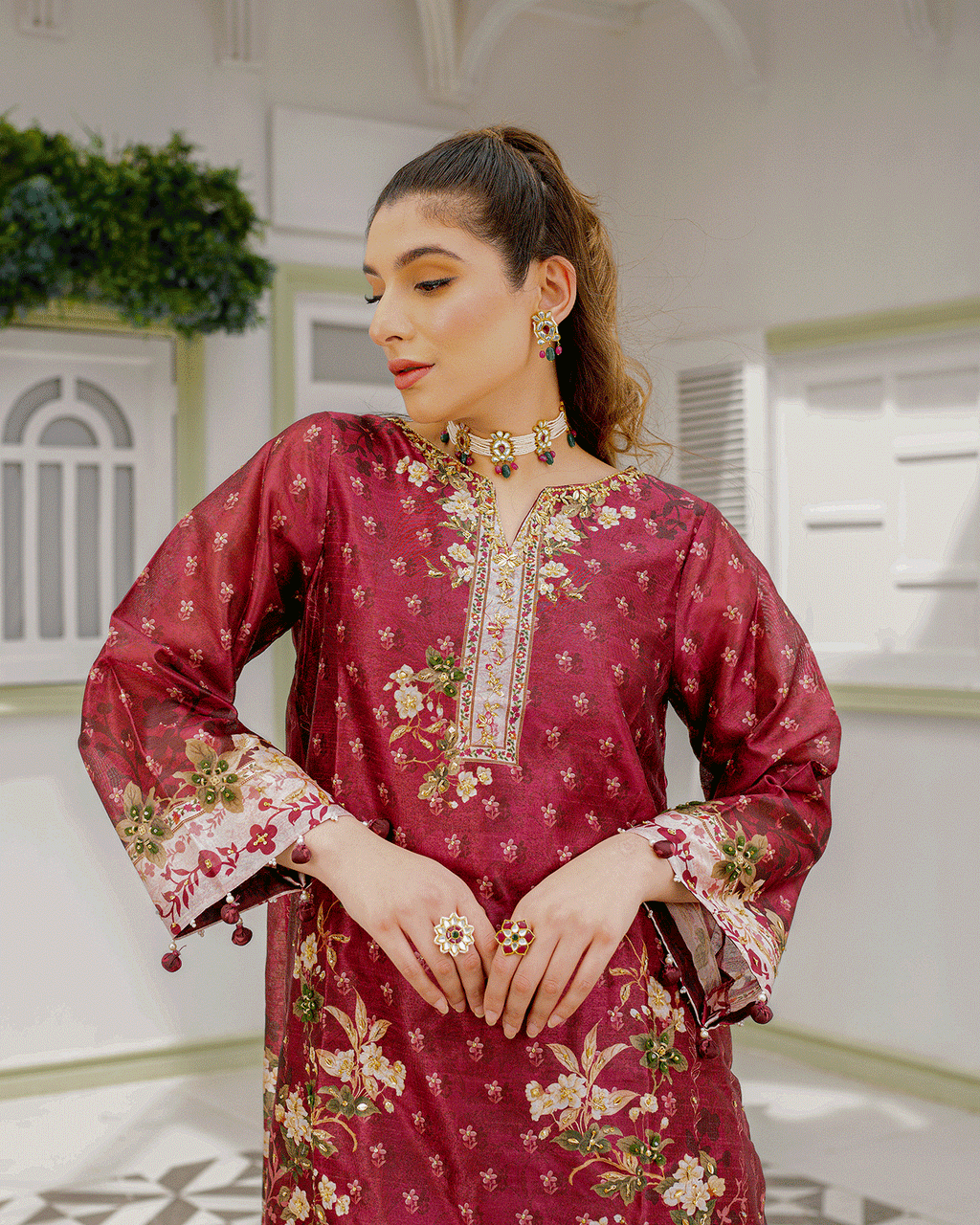 DC-2241 MAROON 2PCS HAND EMBELLISHED  SHIRT WITH TROUSER