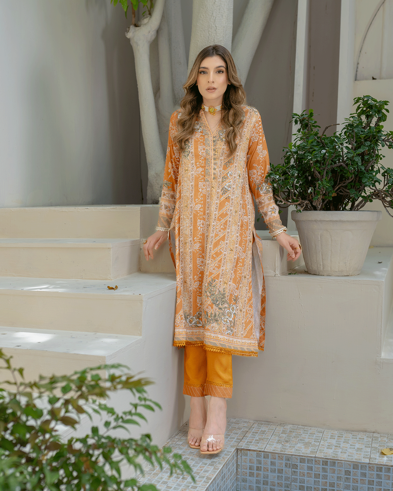 DC-2242 MUSTARD 2PCS HAND EMBELLISHED  SHIRT WITH TROUSER