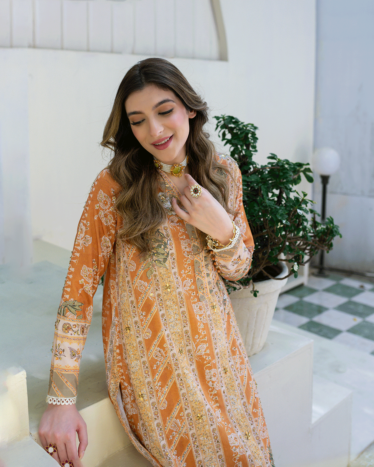 DC-2242 MUSTARD 2PCS HAND EMBELLISHED  SHIRT WITH TROUSER