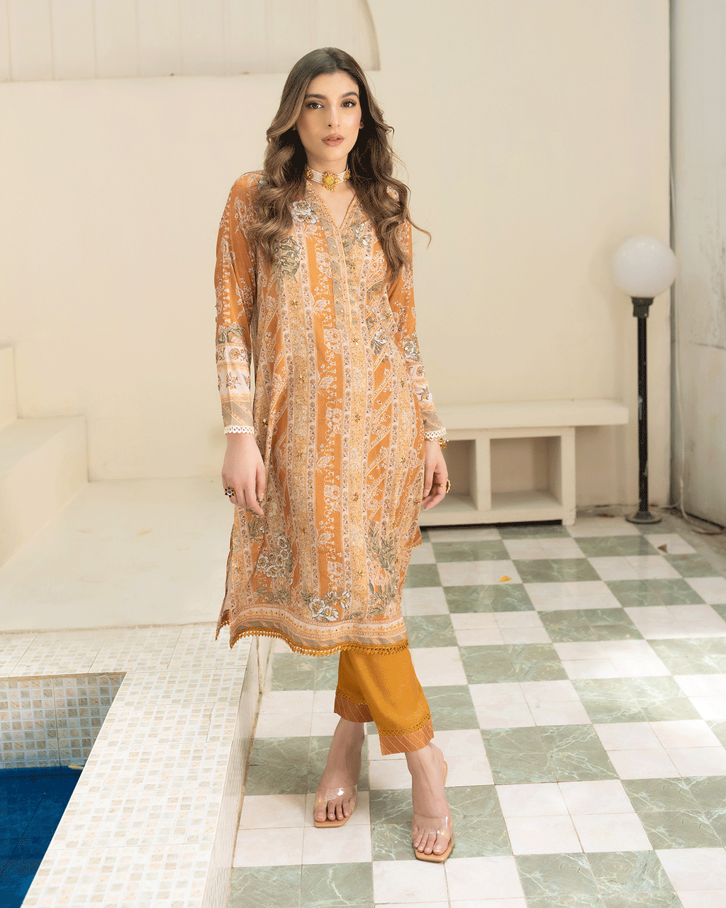 DC-2242 MUSTARD 2PCS HAND EMBELLISHED  SHIRT WITH TROUSER