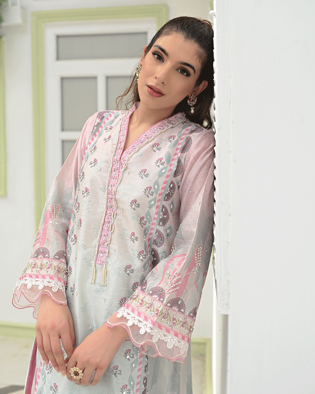 DC-2243 PINK 2PCS HAND EMBELLISHED  SHIRT WITH TROUSER