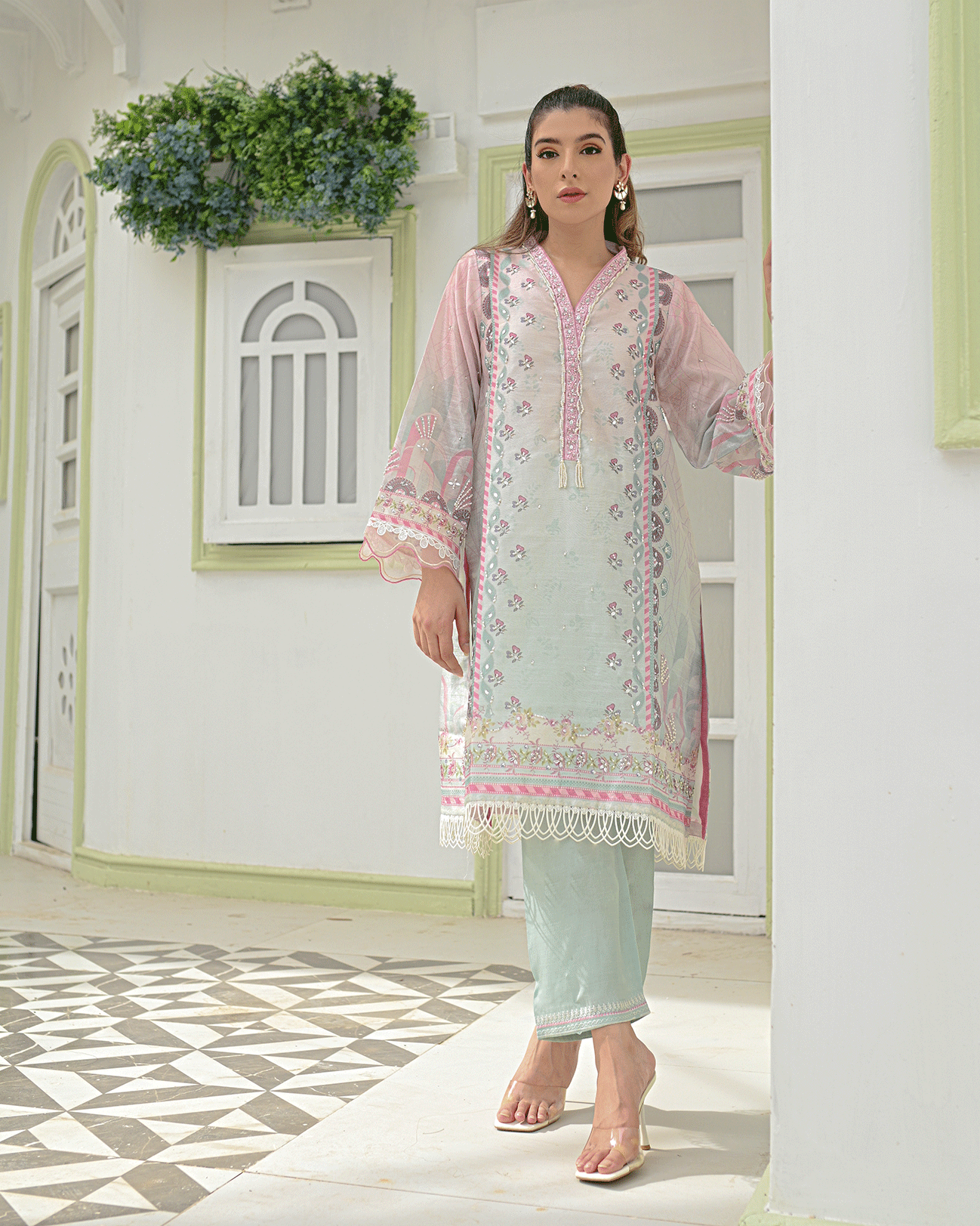 DC-2243 PINK 2PCS HAND EMBELLISHED  SHIRT WITH TROUSER