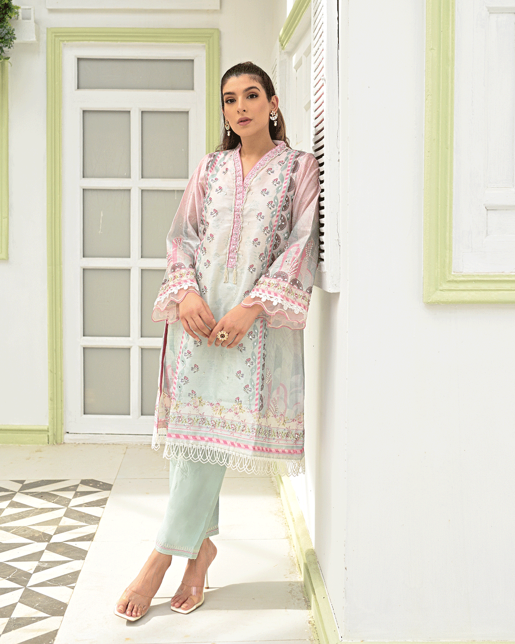 DC-2243 PINK 2PCS HAND EMBELLISHED  SHIRT WITH TROUSER