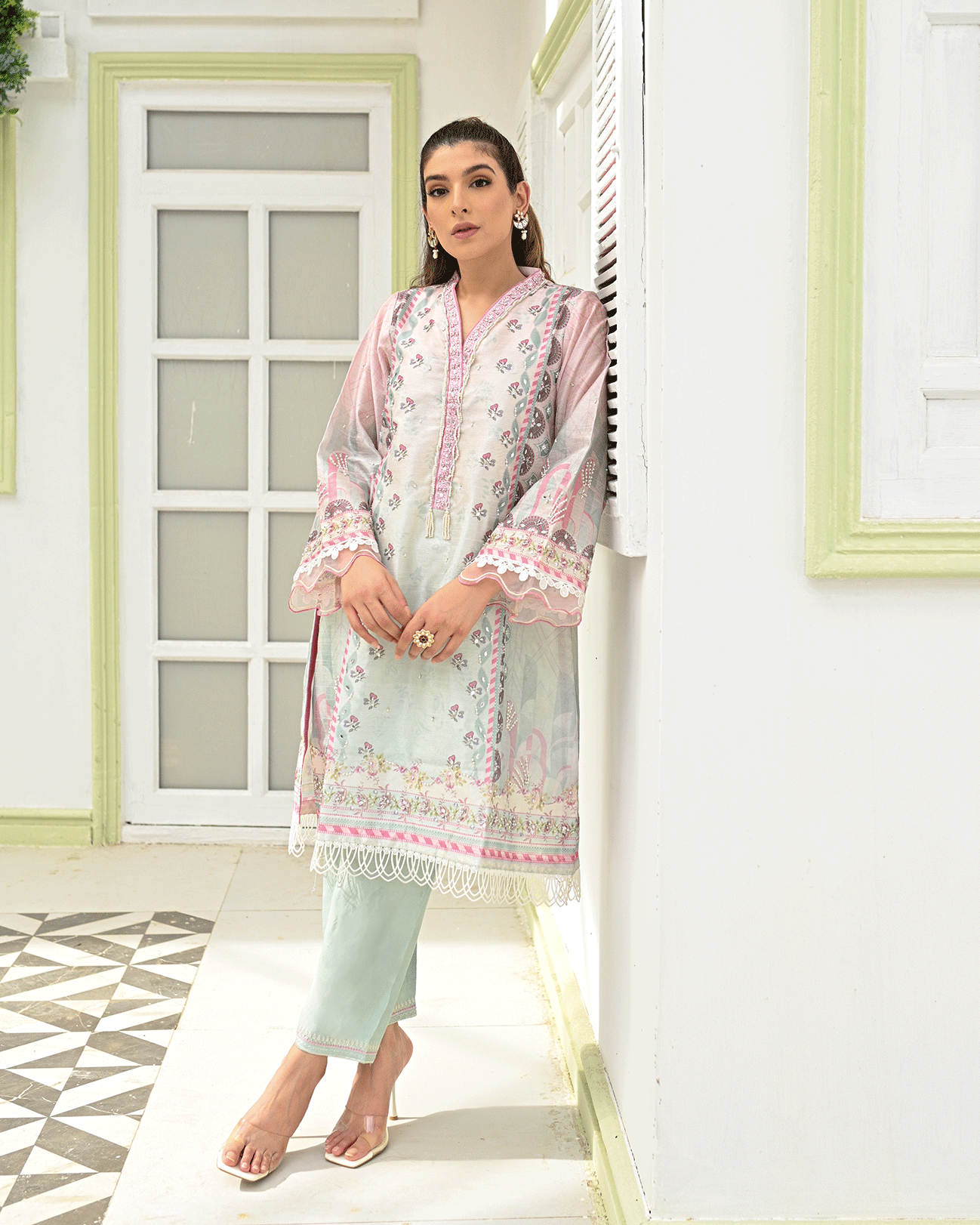 DC-2243 PINK 2PCS HAND EMBELLISHED  SHIRT WITH TROUSER