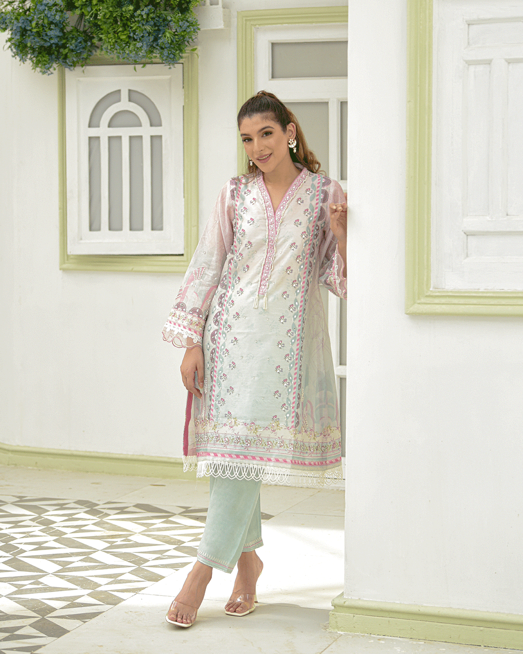 DC-2243 PINK 2PCS HAND EMBELLISHED  SHIRT WITH TROUSER