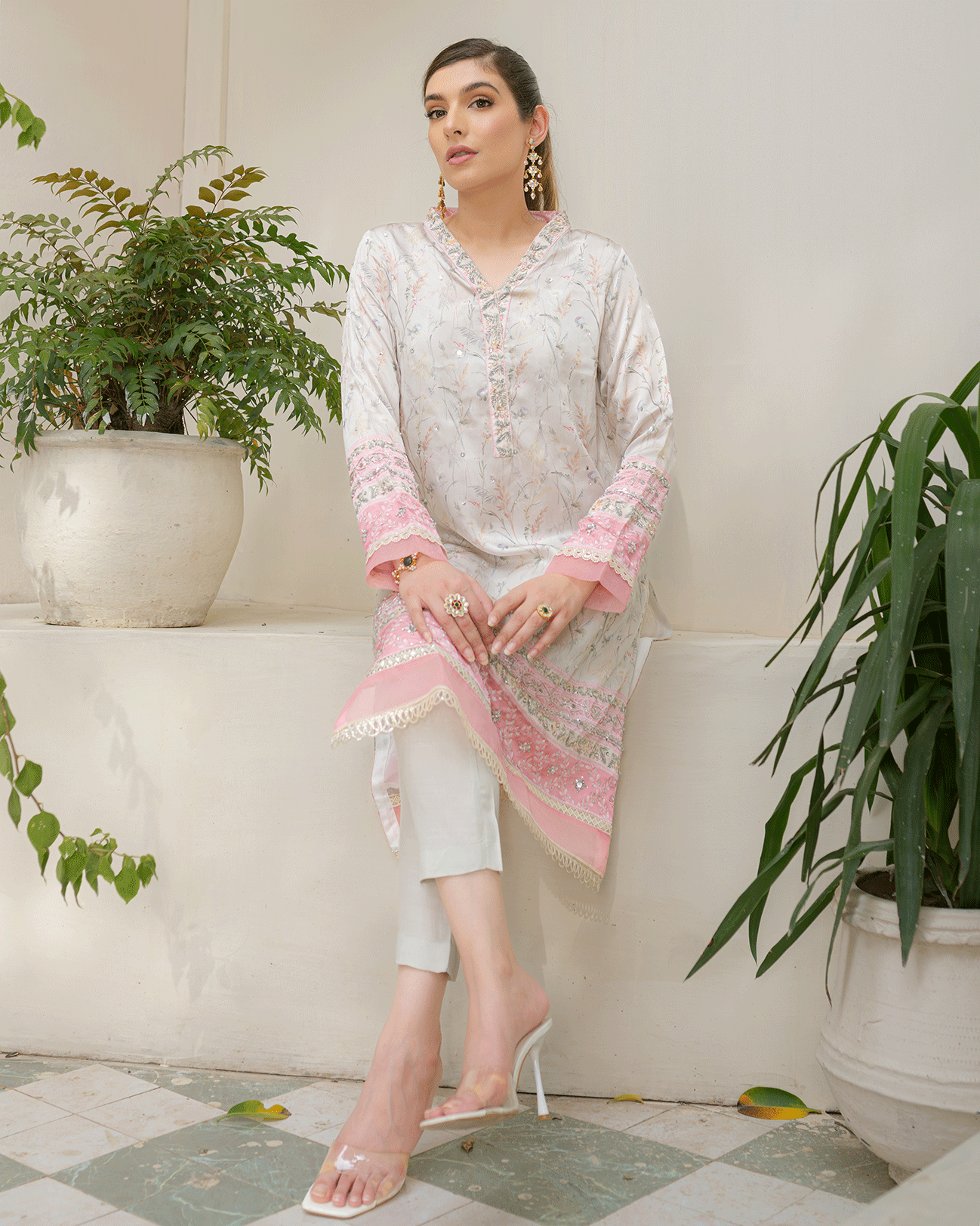 DC-2245 GREY 2PCS HAND EMBELLISHED  SHIRT WITH TROUSER