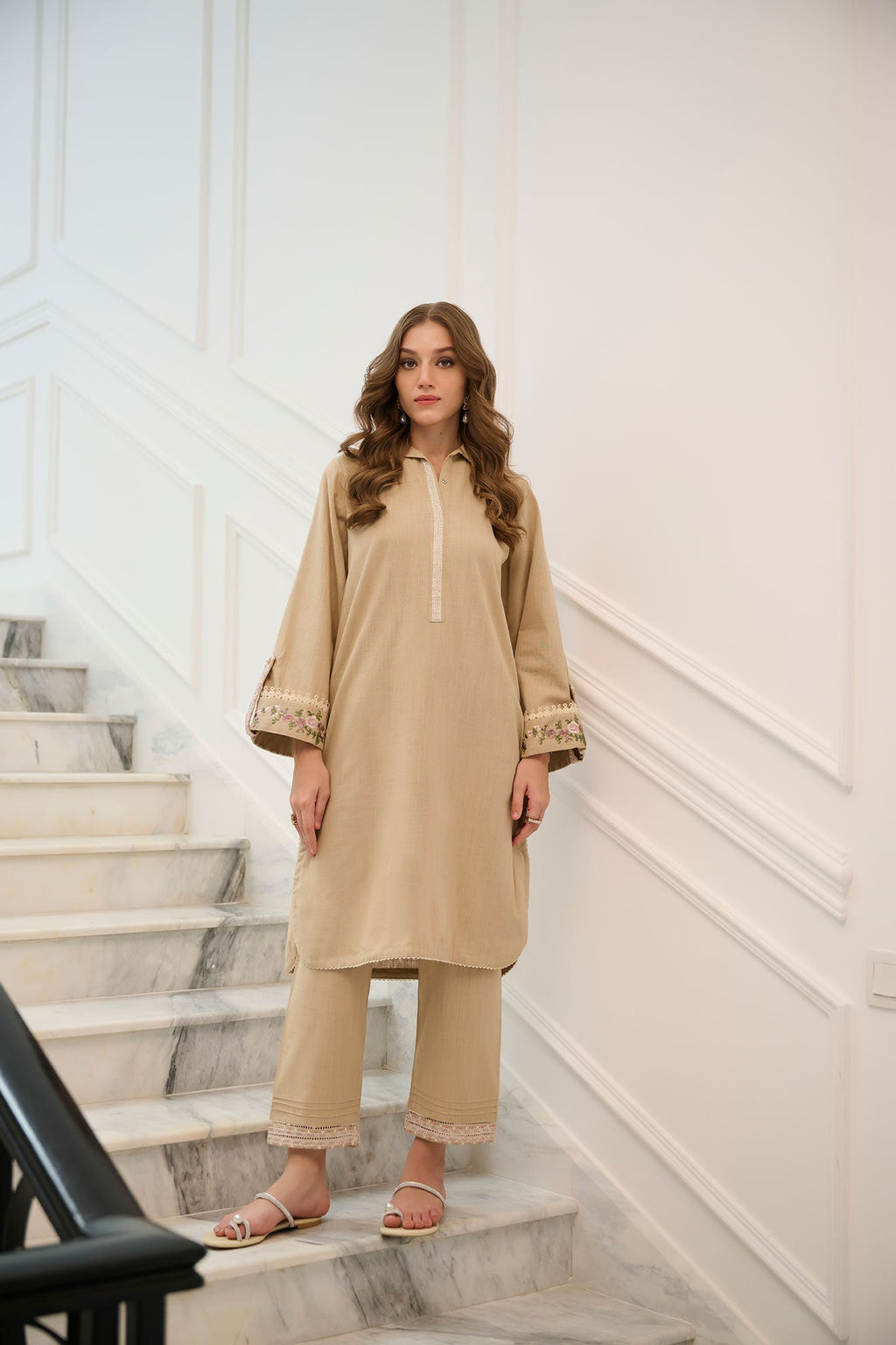 DC-2246 BEIGE 2PCS  EMBROIDERED KURTA WITH TROUSER