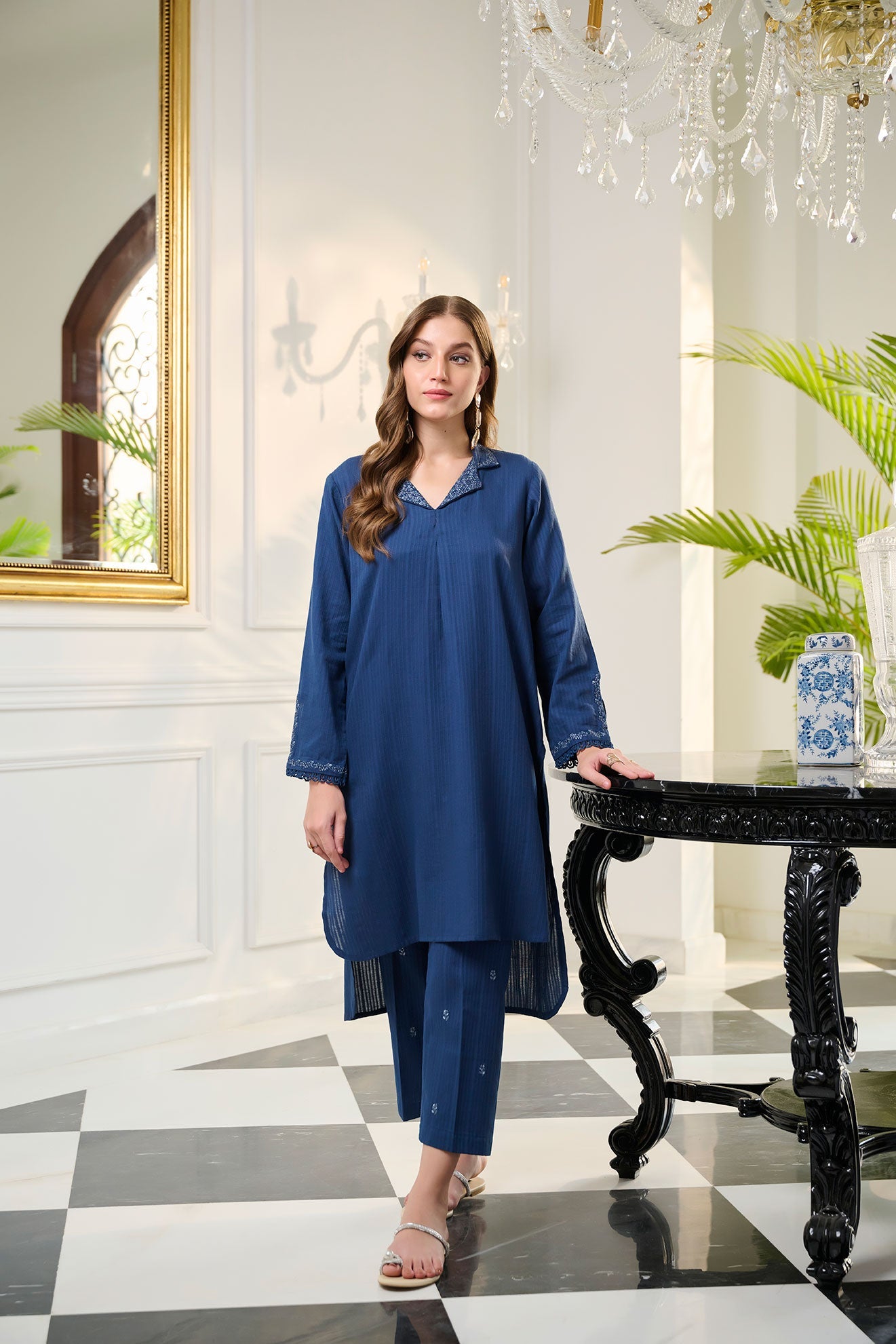 DC-2248 NAVY BLUE 2PCS  EMBROIDERED KURTA WITH TROUSER