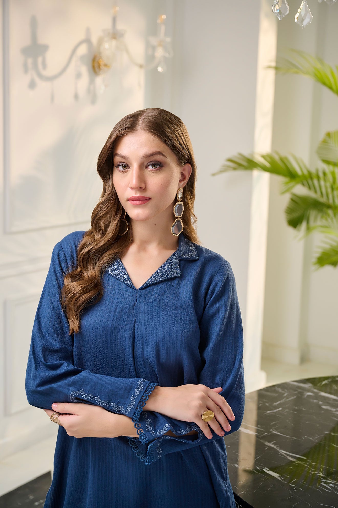 DC-2248 NAVY BLUE 2PCS  EMBROIDERED KURTA WITH TROUSER