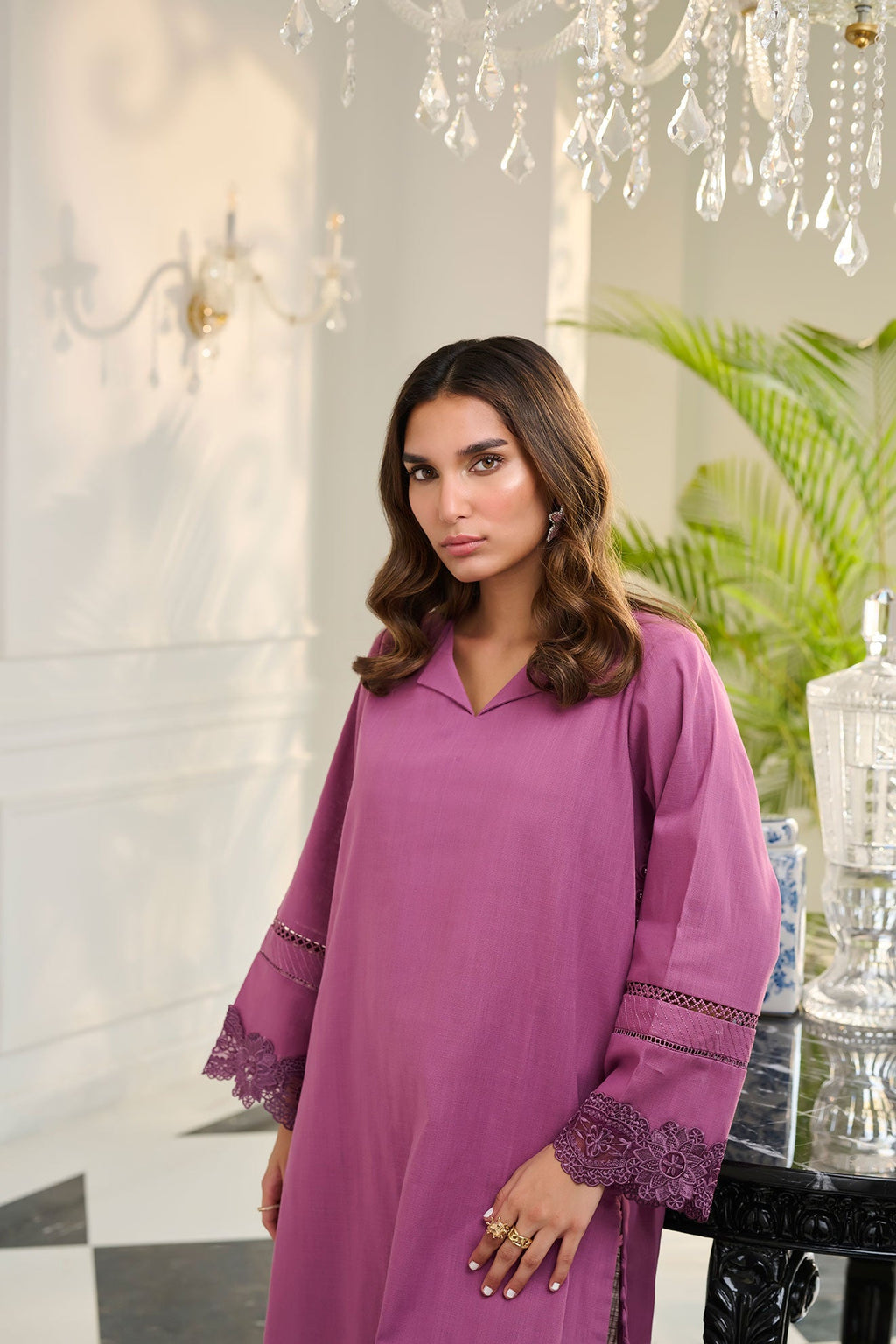DC-2253 PURPLE 2PCS  EMBROIDERED KURTA WITH TROUSER