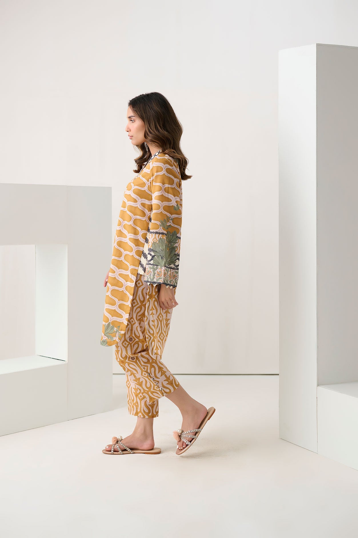 DC-2270 MUSTARD 2PCS  PRINTED KURTA WITH TROUSER