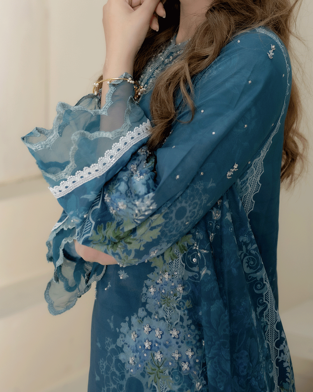 DC-2273 TURQUOISE BLUE 2PCS HAND EMBELLISHED  SHIRT WITH TROUSER