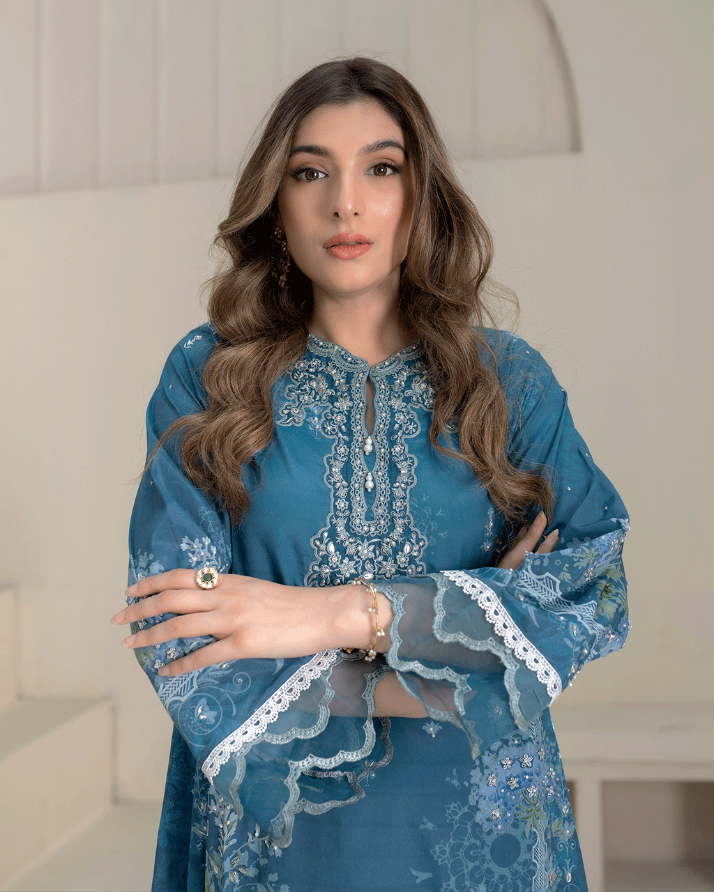 DC-2273 TURQUOISE BLUE 2PCS HAND EMBELLISHED  SHIRT WITH TROUSER