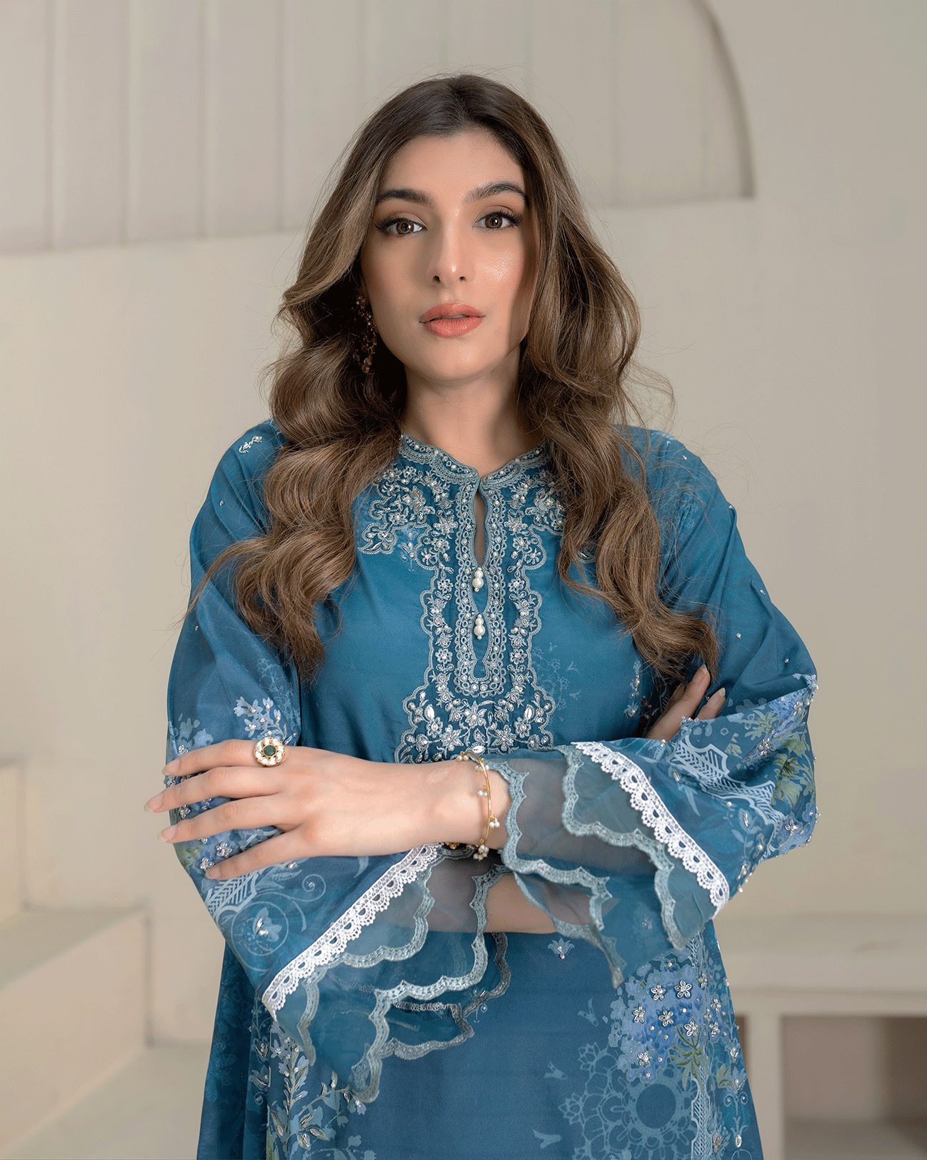 DC-2273 TURQUOISE BLUE 2PCS HAND EMBELLISHED  SHIRT WITH TROUSER