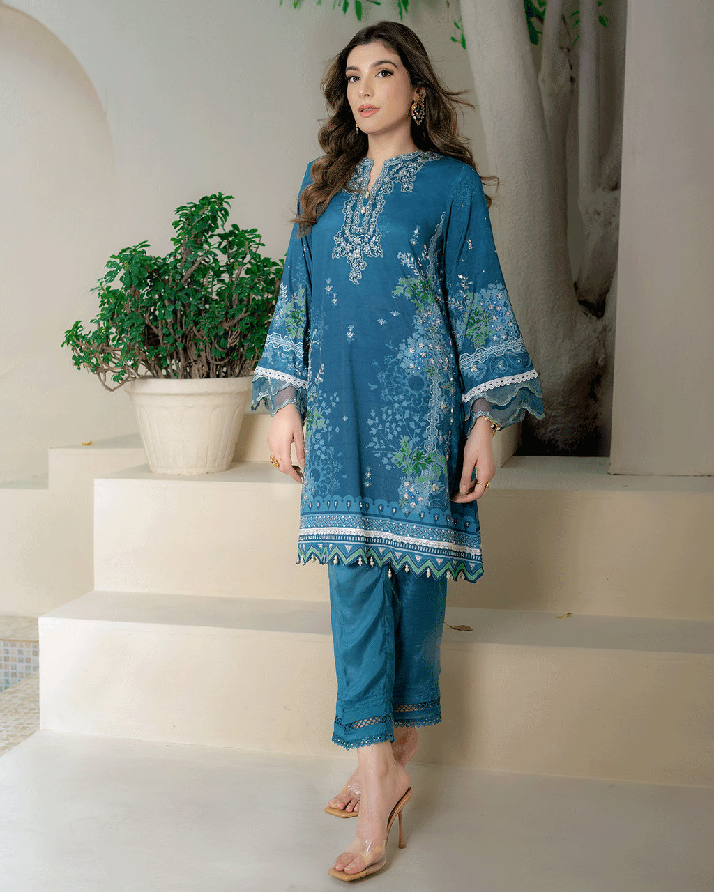 DC-2273 TURQUOISE BLUE 2PCS HAND EMBELLISHED  SHIRT WITH TROUSER