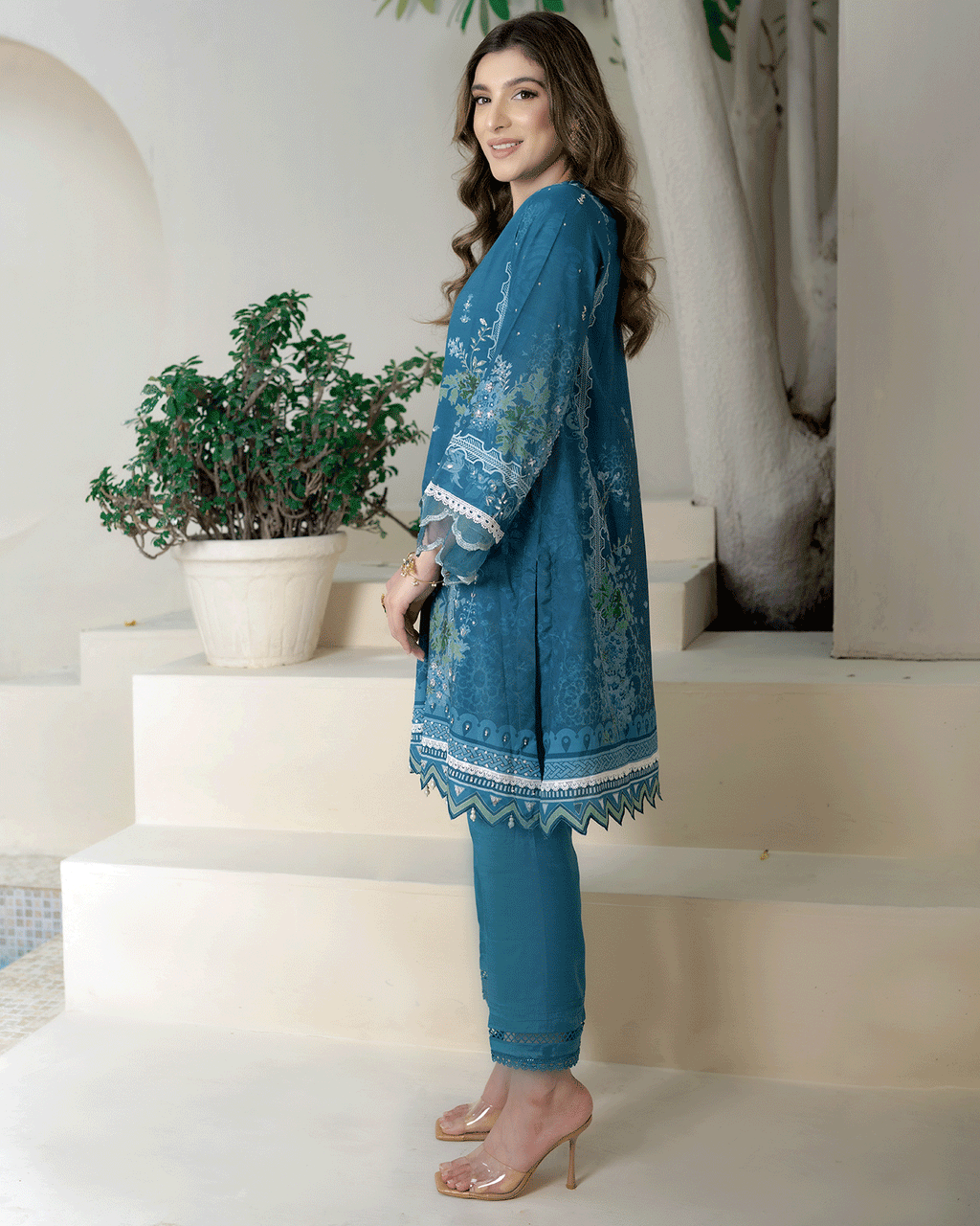 DC-2273 TURQUOISE BLUE 2PCS HAND EMBELLISHED  SHIRT WITH TROUSER