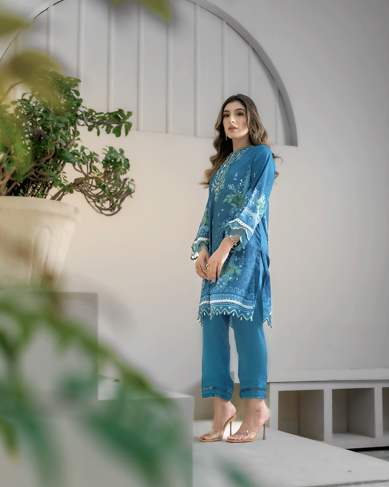 DC-2273 TURQUOISE BLUE 2PCS HAND EMBELLISHED  SHIRT WITH TROUSER
