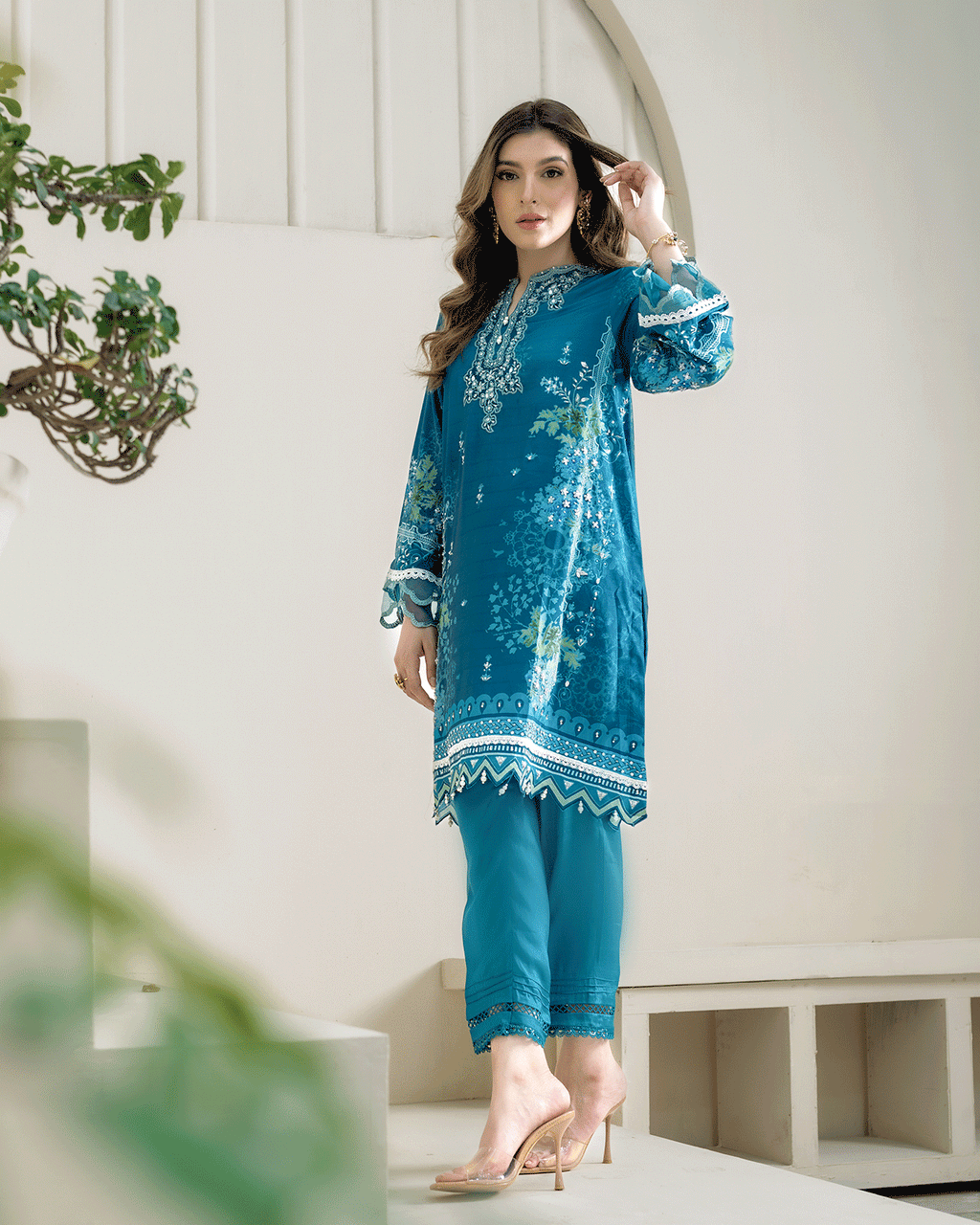 DC-2273 TURQUOISE BLUE 2PCS HAND EMBELLISHED  SHIRT WITH TROUSER