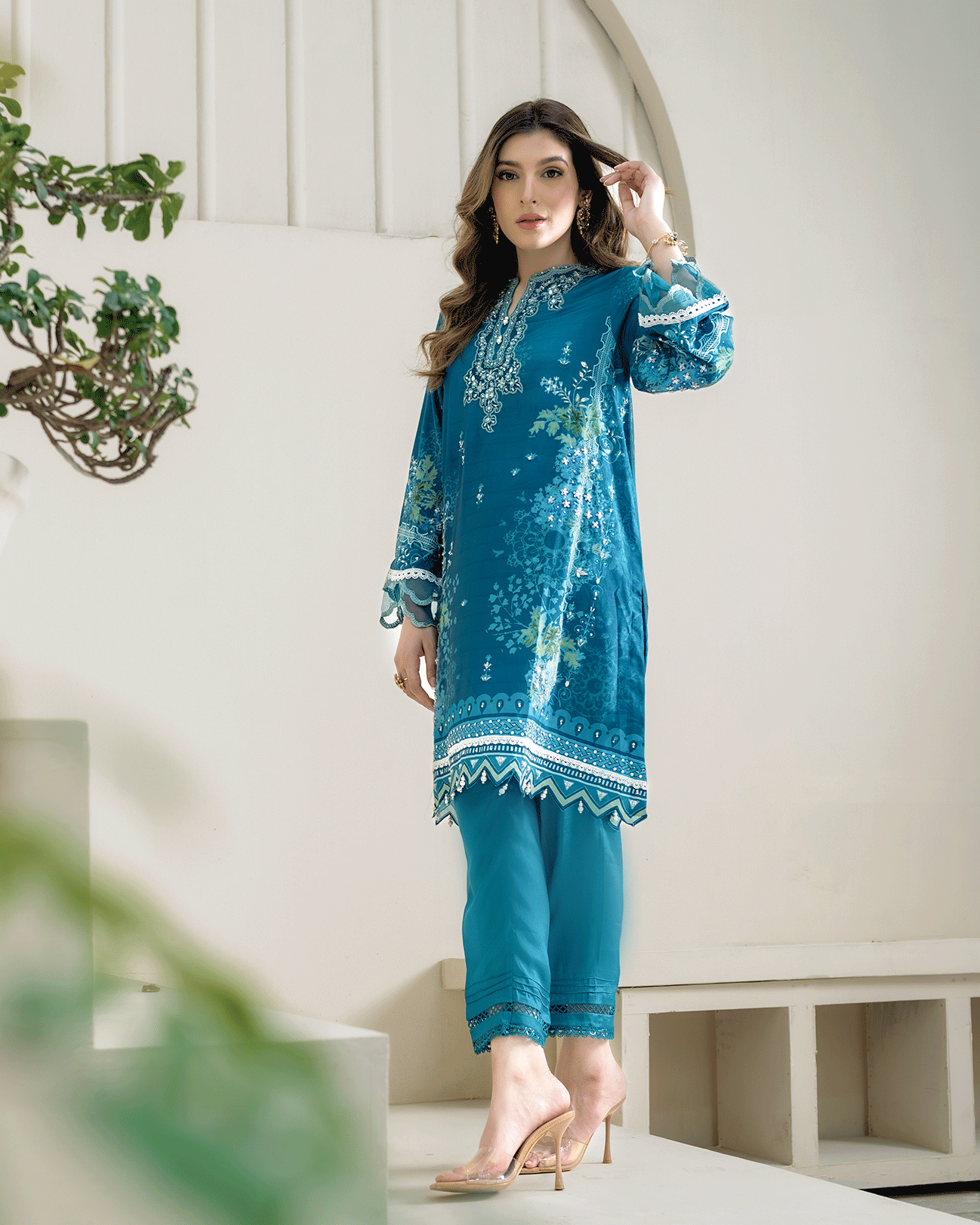 DC-2273 TURQUOISE BLUE 2PCS HAND EMBELLISHED  SHIRT WITH TROUSER