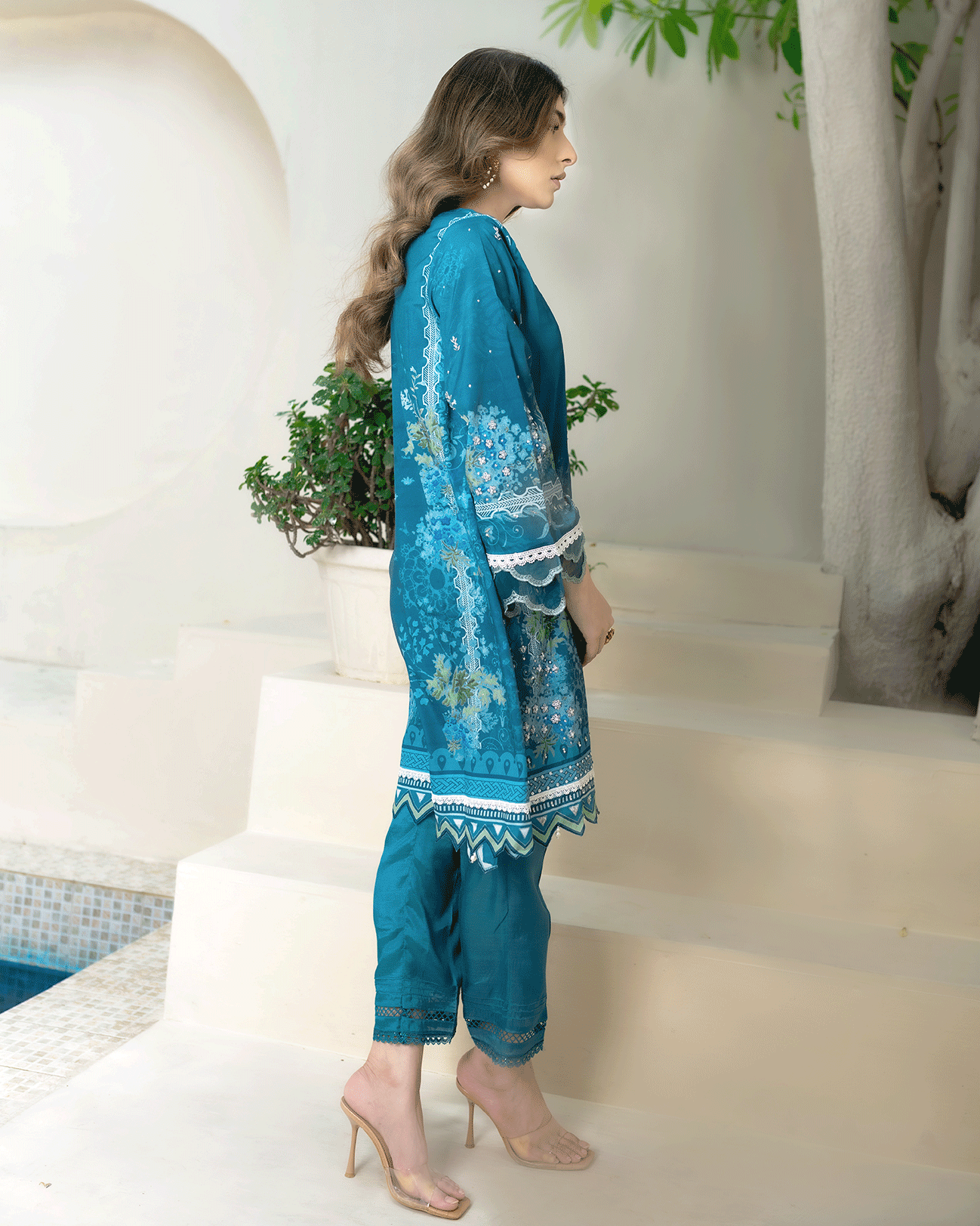 DC-2273 TURQUOISE BLUE 2PCS HAND EMBELLISHED  SHIRT WITH TROUSER