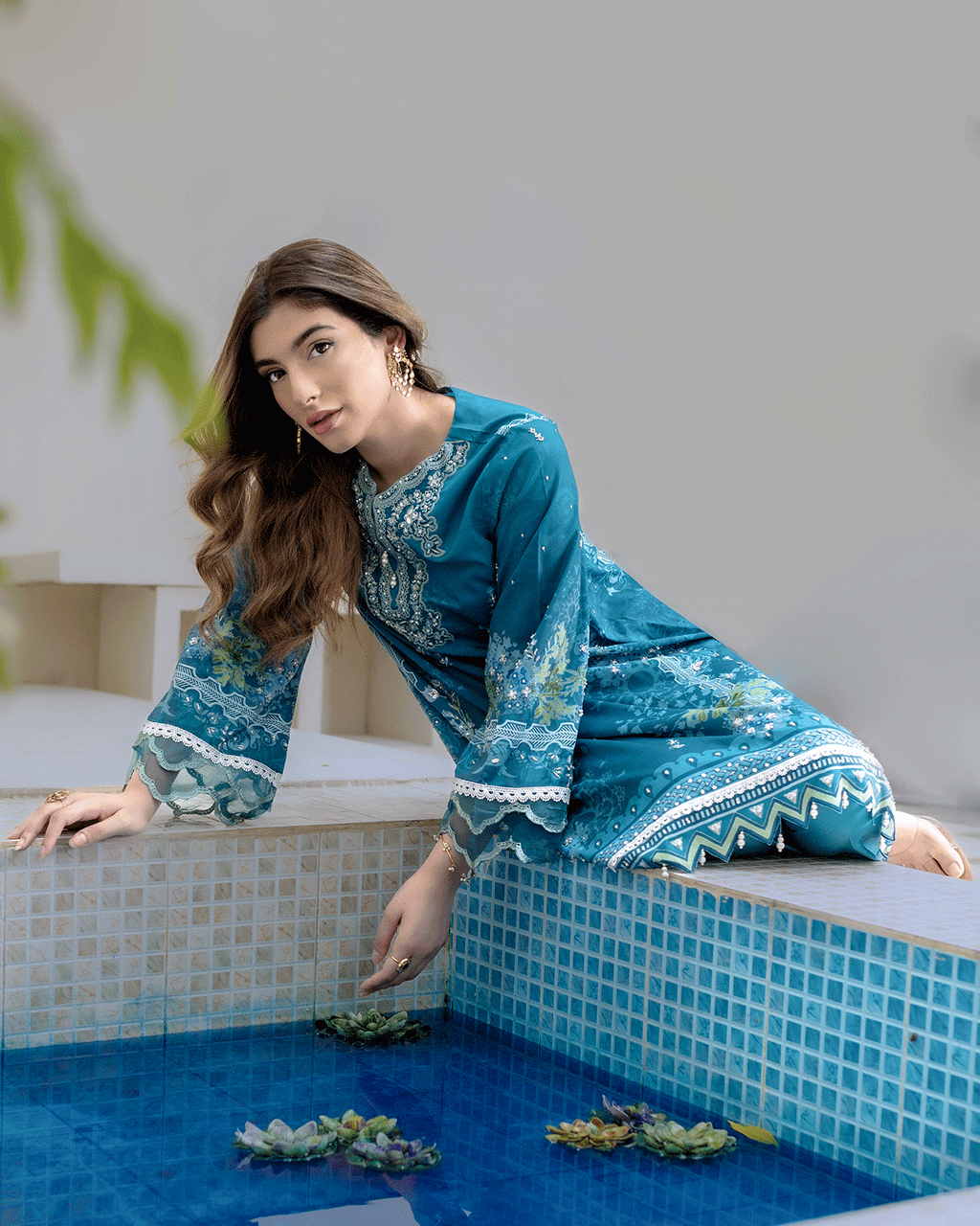 DC-2273 TURQUOISE BLUE 2PCS HAND EMBELLISHED  SHIRT WITH TROUSER