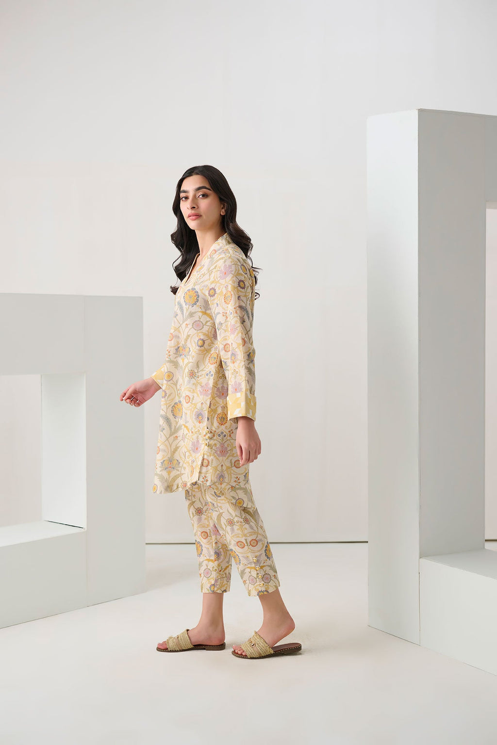 DC-2297 LEMON 2PCS  PRINTED KURTA WITH TROUSER