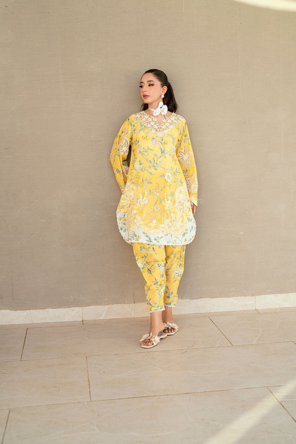 SS25DC-2534 YELLOW LAWN 2PCS EMBROIDERED KURTA WITH TROUSER