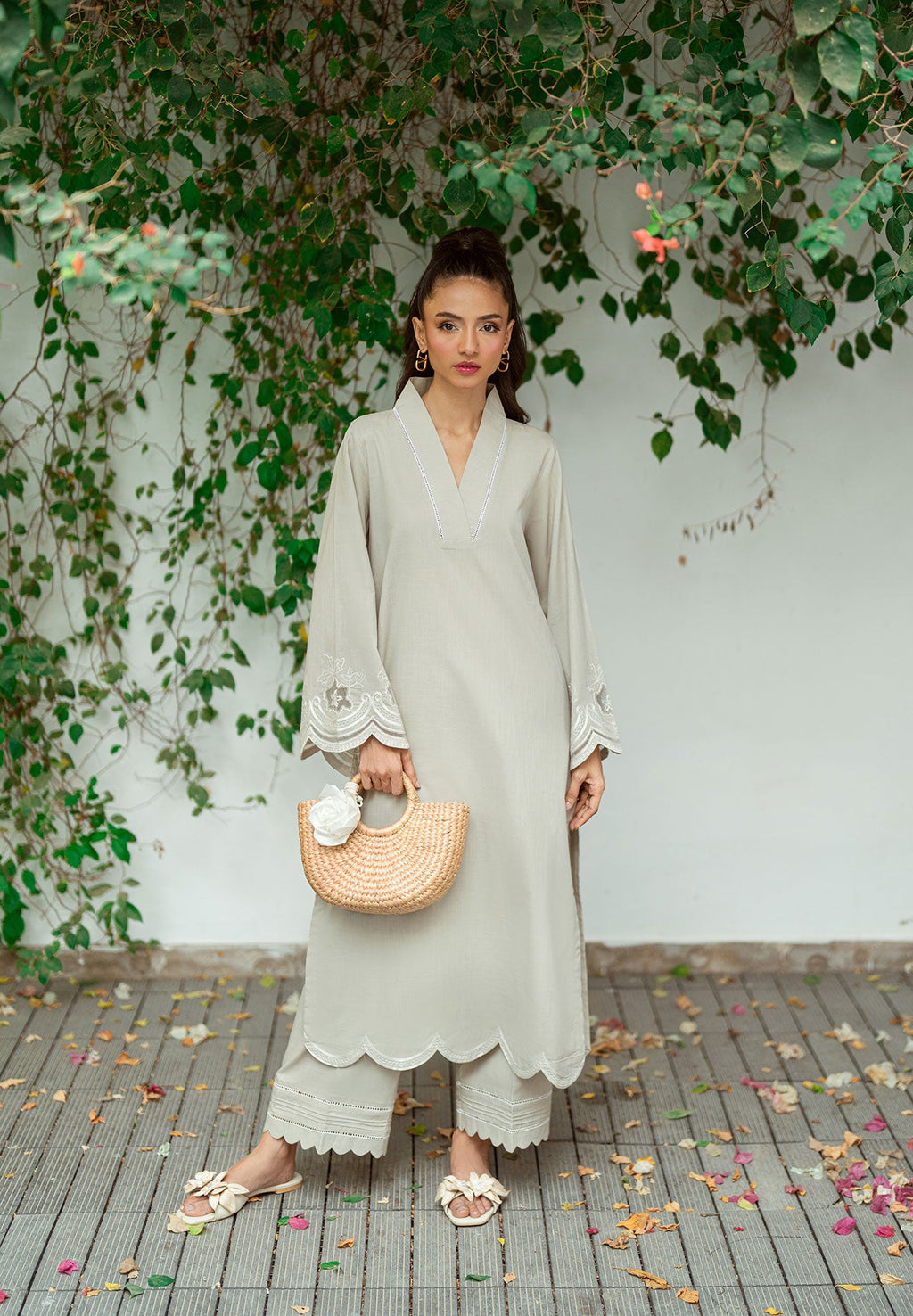 SS25DC-2570 GREY 2PCS  EMBROIDERED KURTA WITH TROUSER