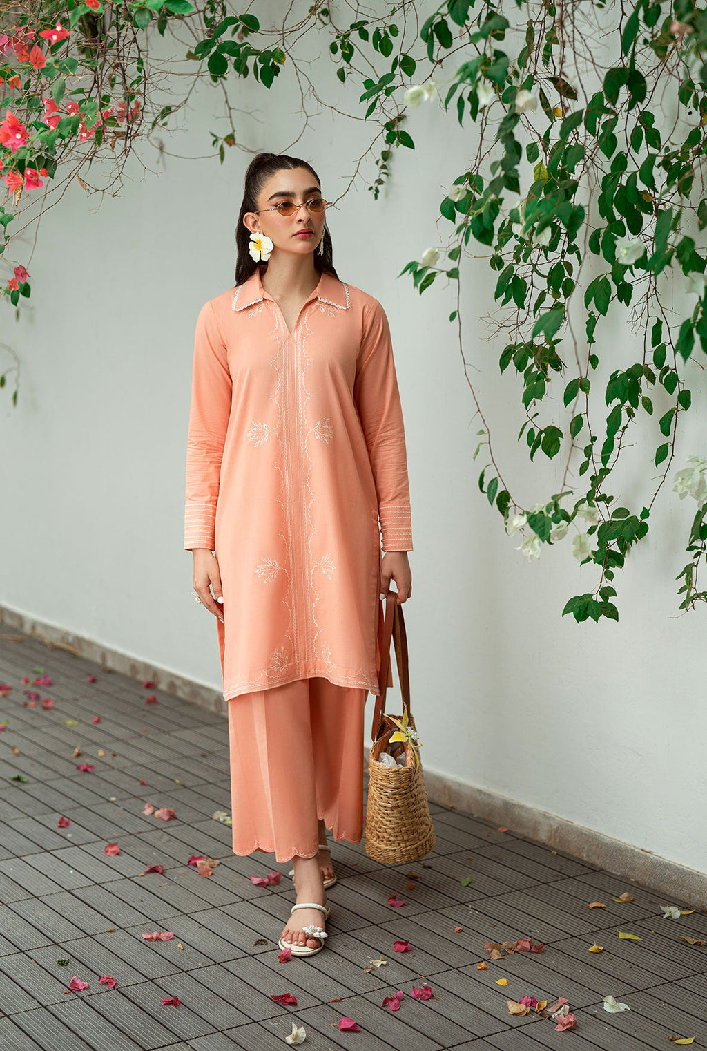 SS25DC-2573 PEACH 2PCS  EMBROIDERED KURTA WITH TROUSER