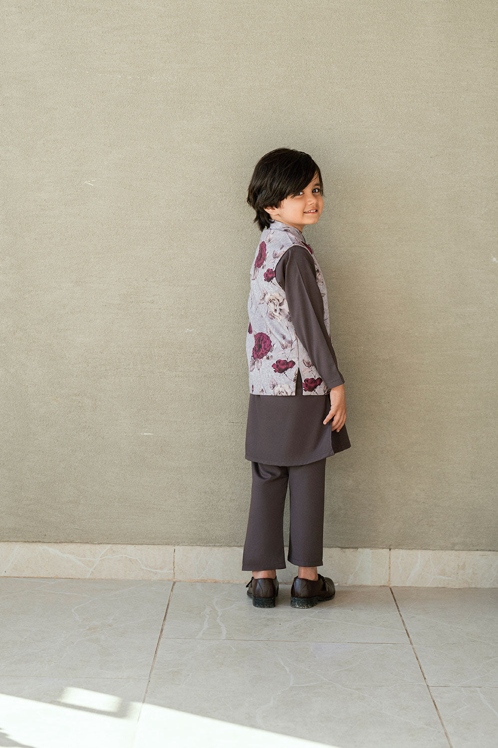 SS25DK-0191 - DARK GREY - KURTA ,PAJAMA & WAIST COAT - 3PCS