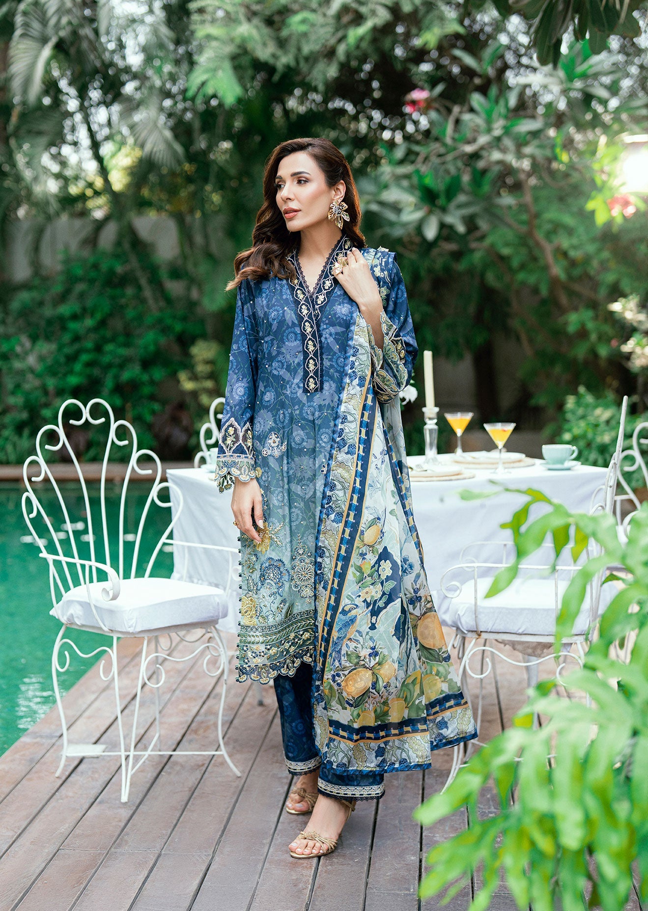 SS25DA-2754 NAVY BLUE 2PCS  EMBROIDERED KURTA WITH TROUSER