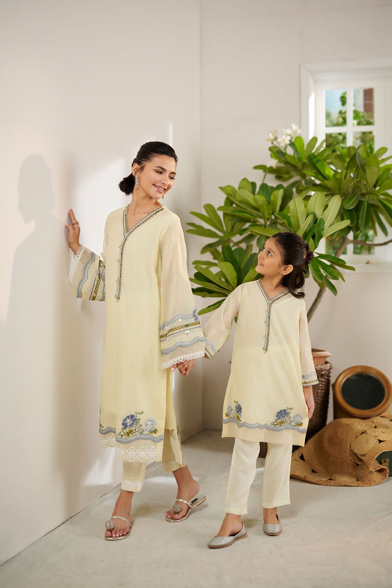 DC-2082 LEMON 2PCS  EMBROIDERED KURTA WITH TROUSER