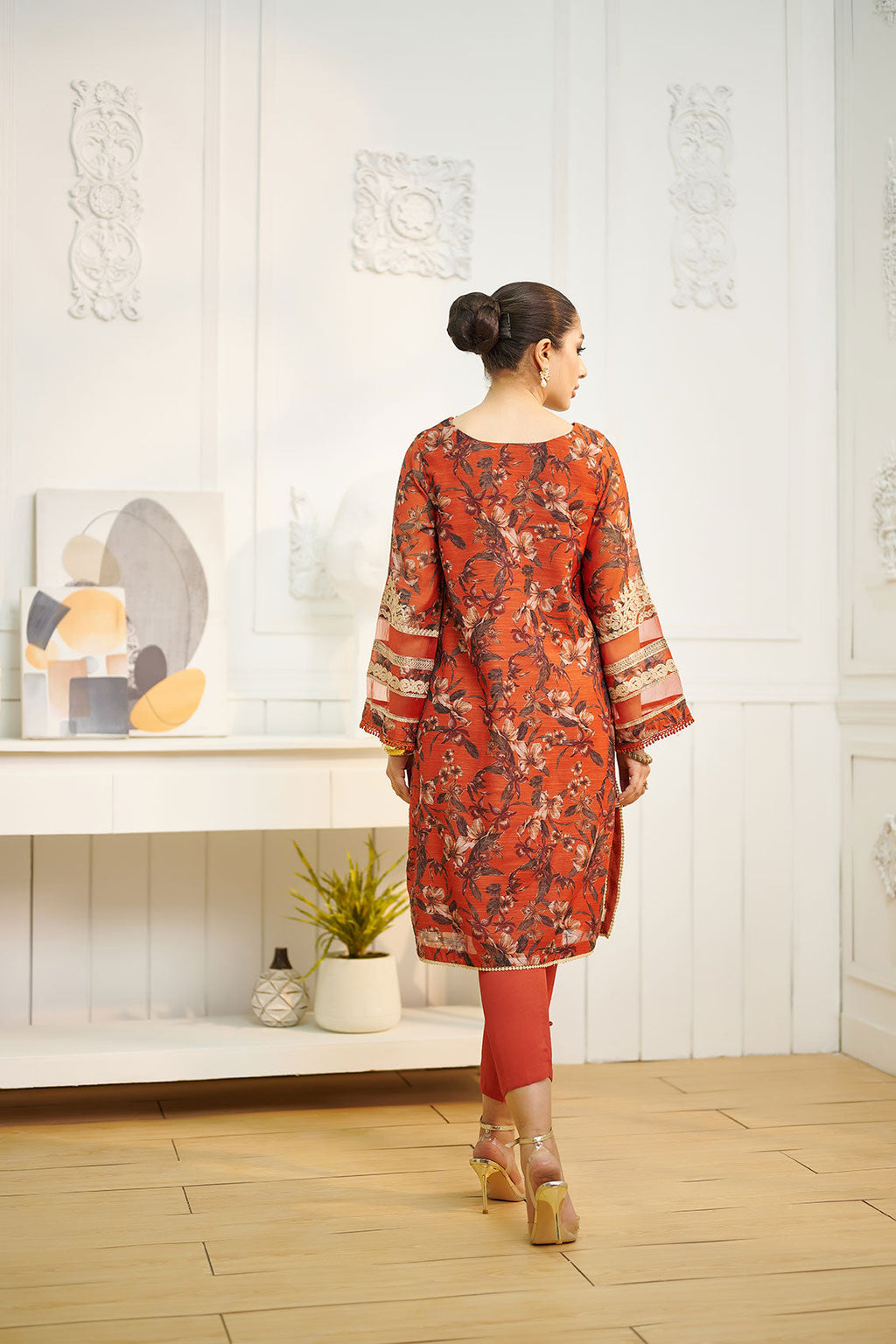 DA-1634 ORANGE EMBROIDERED KURTA WITH TROUSER