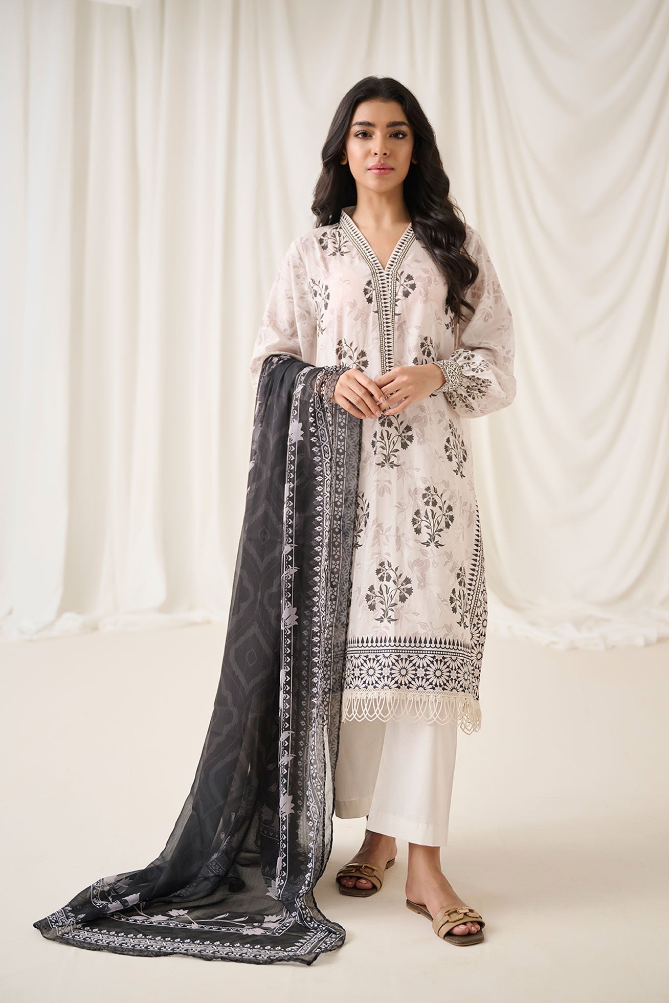 DU-3164 - OFF-WHITE -  PRINTED LAWN - 3PCS