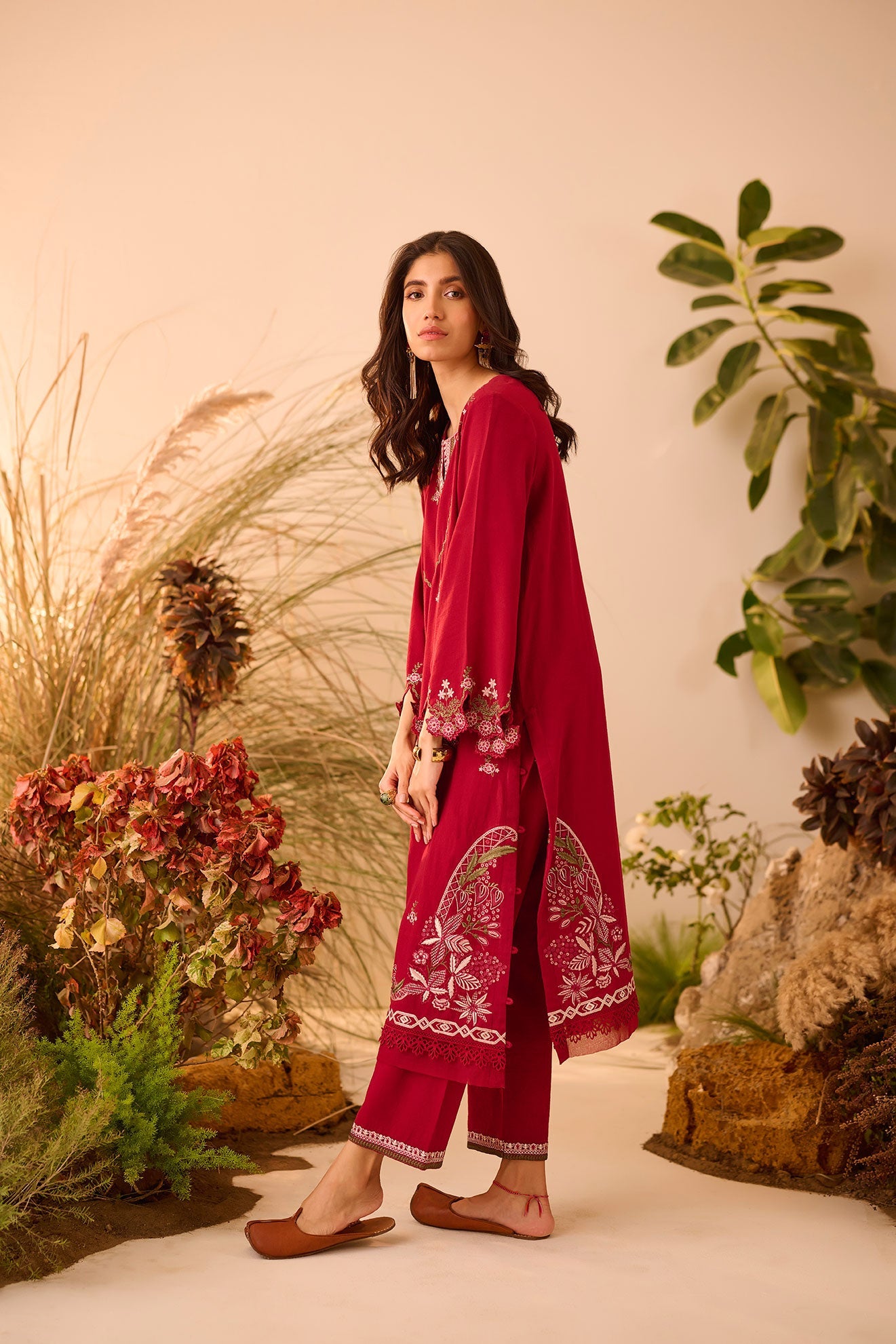 DC-2123 MAROON KARANDI 2PCS EMBROIDERED KURTA WITH TROUSER