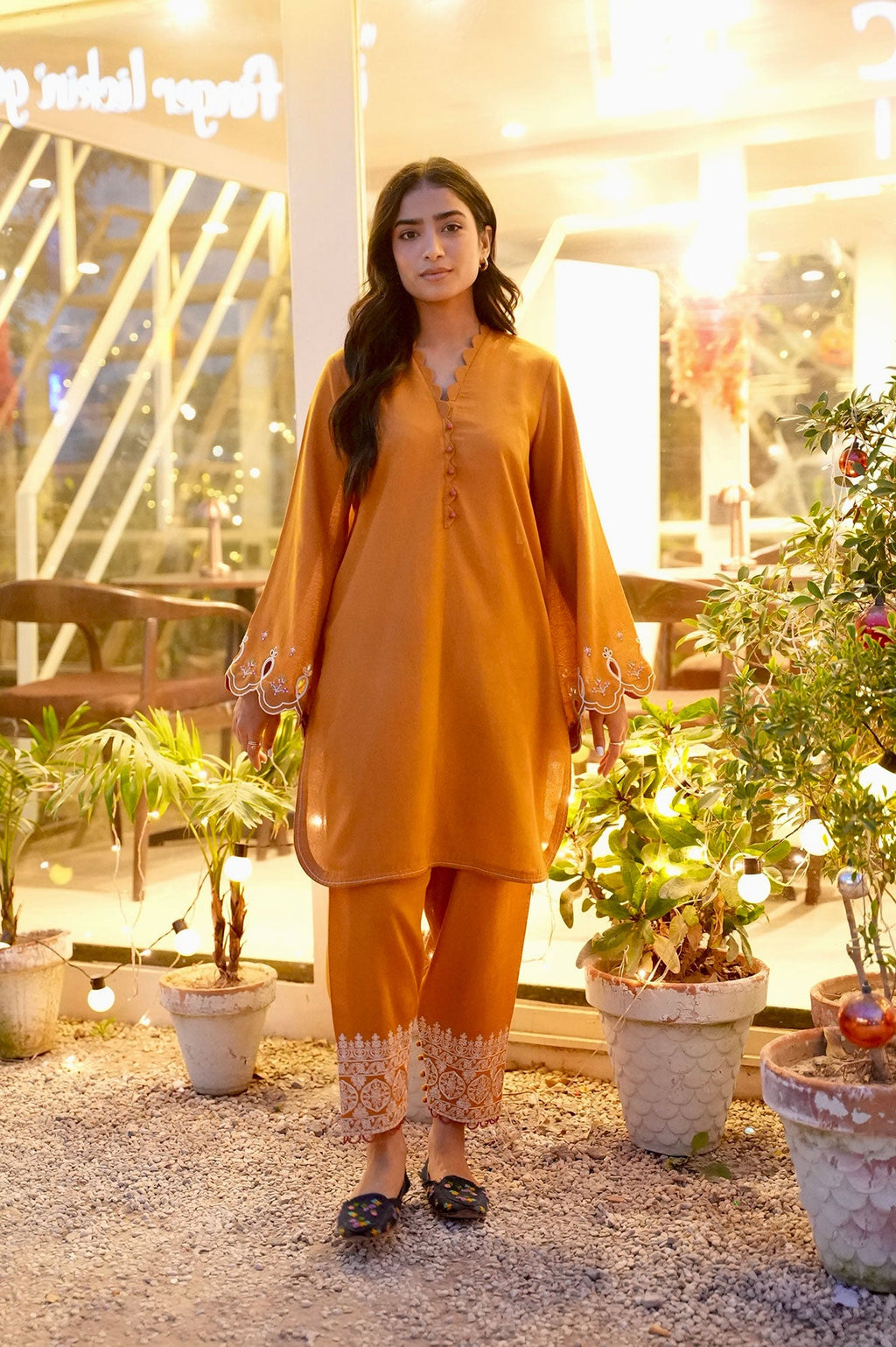 FW25DC-2881 MUSTARD 2PCS  EMBROIDERED KURTA WITH TROUSER