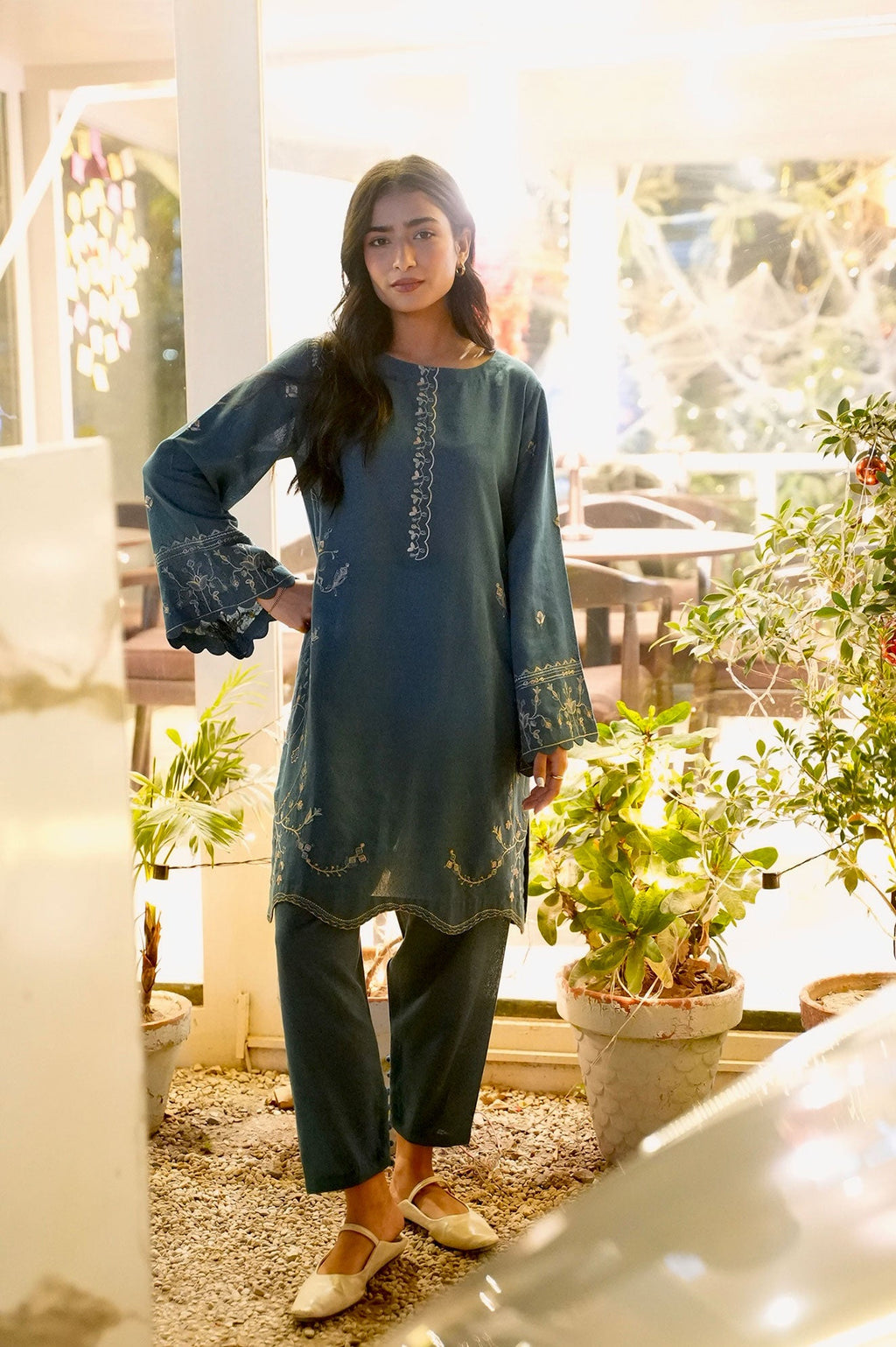 FW25DC-2884 TURQUOISE BLUE 2PCS  EMBROIDERED KURTA WITH TROUSER