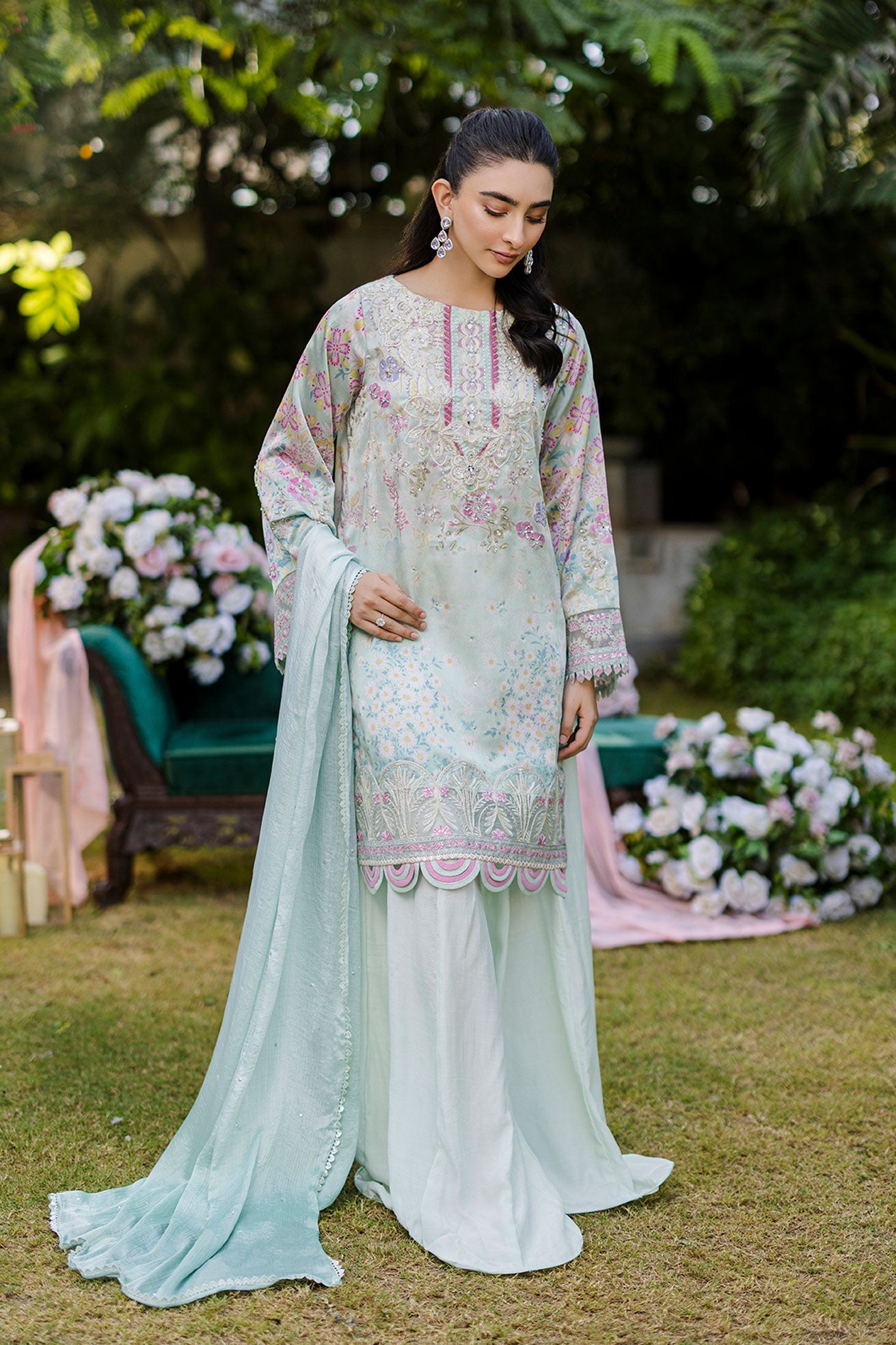 Silk Tunic - 2PCS HAND EMBELLISHED  SHIRT WITH TROUSER-FW25DA-2871 L-GREEN