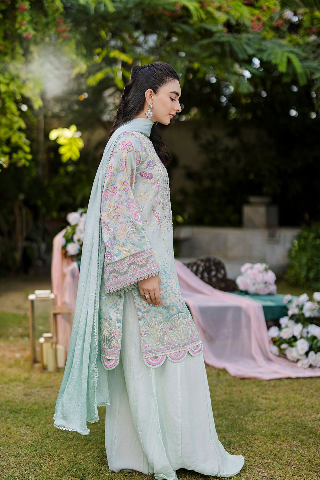 Silk Tunic - 2PCS HAND EMBELLISHED  SHIRT WITH TROUSER-FW25DA-2871 L-GREEN