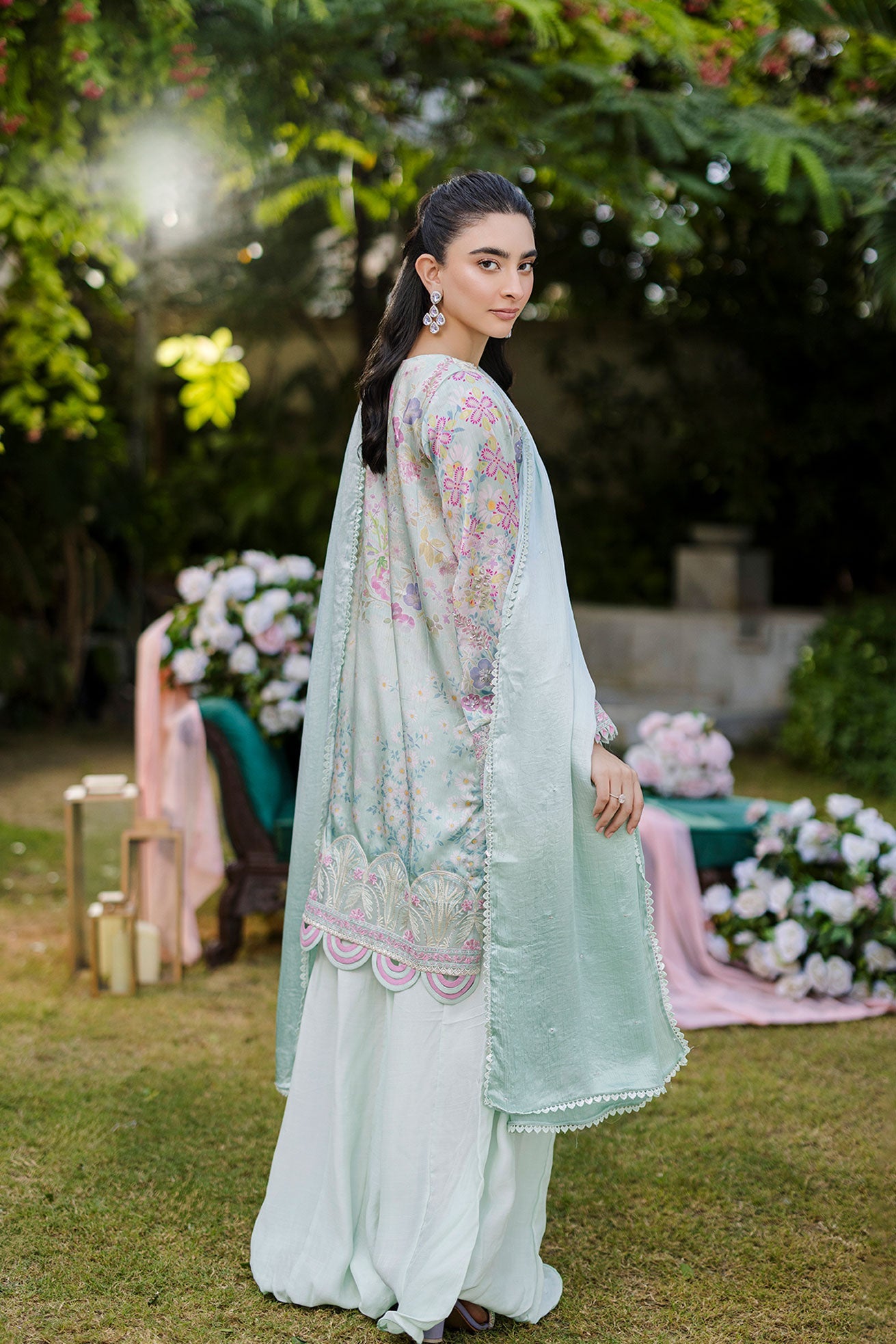 Silk Tunic - 2PCS HAND EMBELLISHED  SHIRT WITH TROUSER-FW25DA-2871 L-GREEN