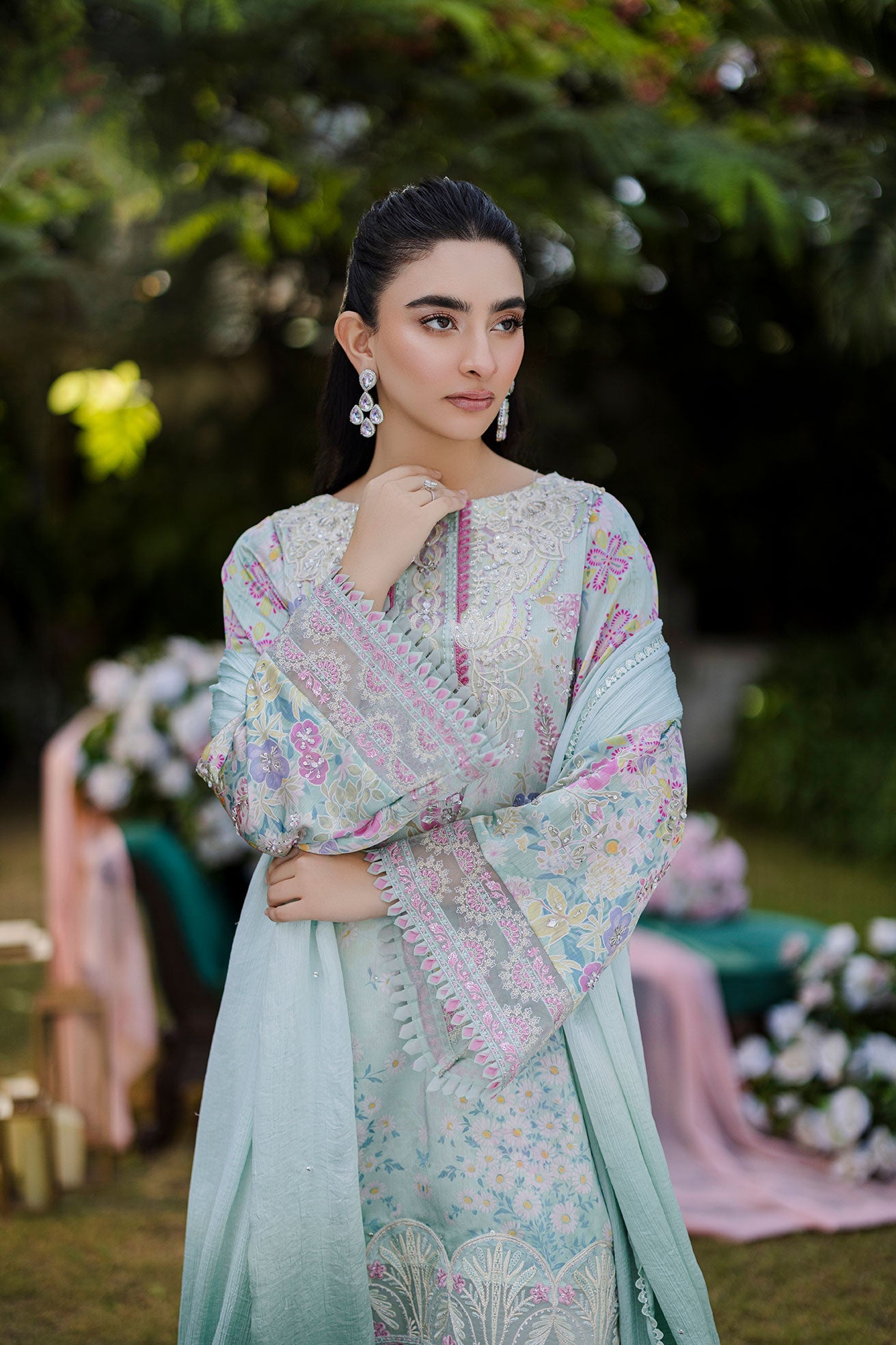 Silk Tunic - 2PCS HAND EMBELLISHED  SHIRT WITH TROUSER-FW25DA-2871 L-GREEN