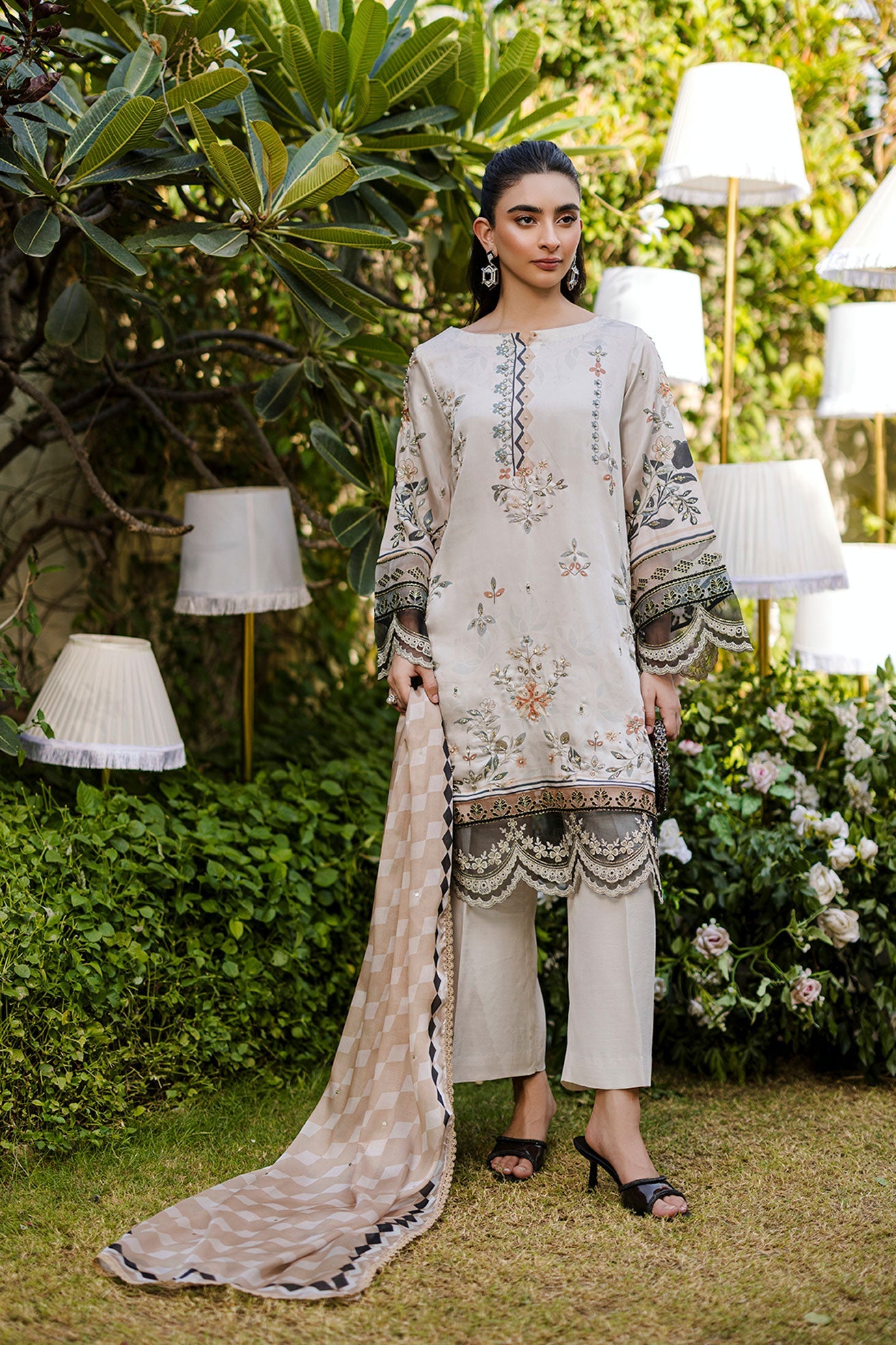 Silk Tunic - 2PCS HAND EMBELLISHED  SHIRT WITH TROUSER-FW25DA-2874 BEIGE