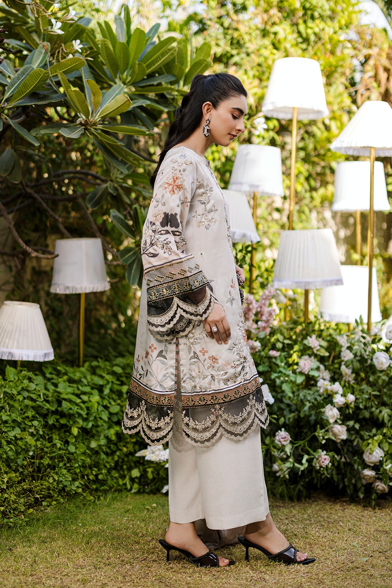 Silk Tunic - 2PCS HAND EMBELLISHED  SHIRT WITH TROUSER-FW25DA-2874 BEIGE
