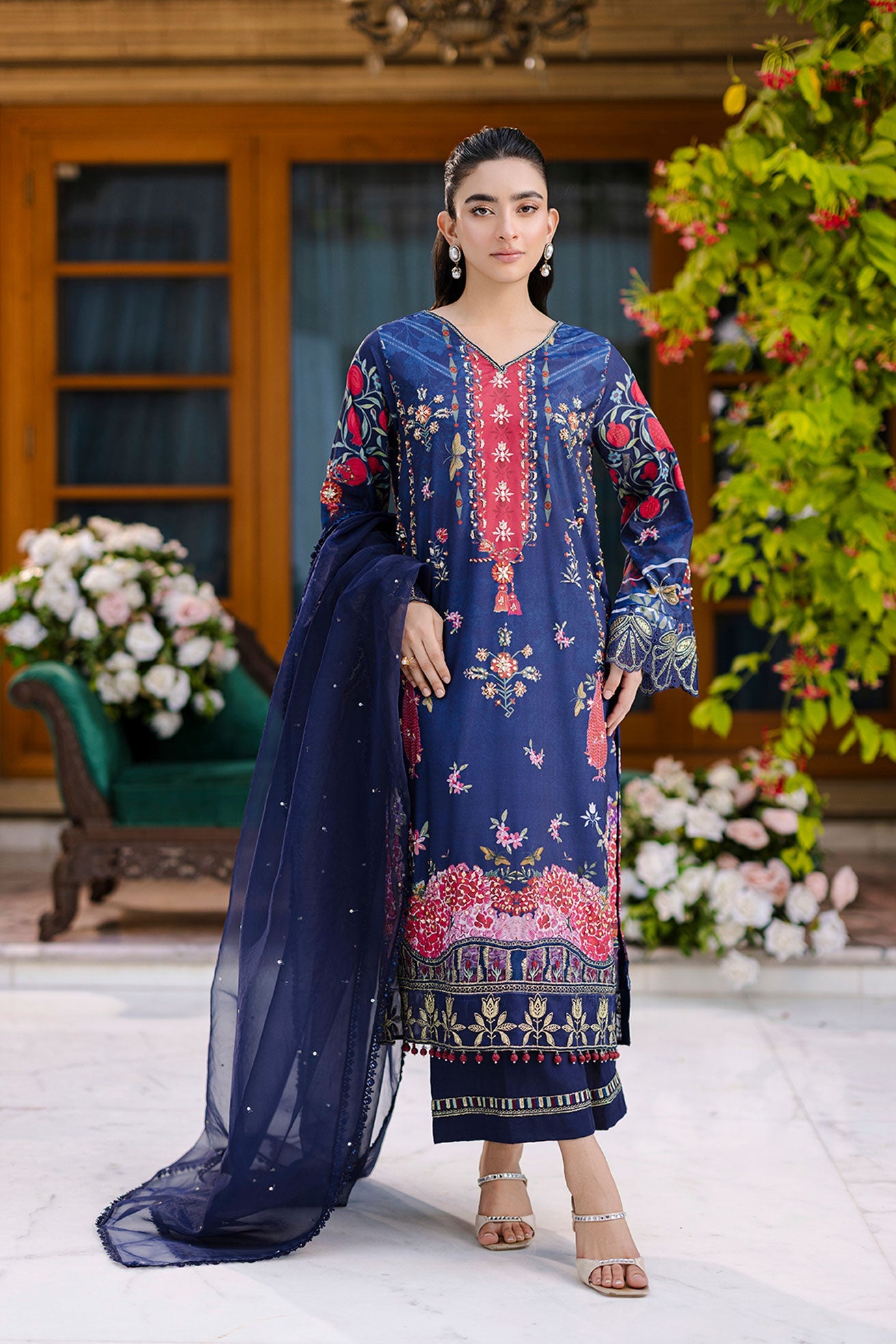 Silk Tunic - 2PCS HAND EMBELLISHED  SHIRT WITH TROUSER-FW25DA-2875 NAVY BLUE