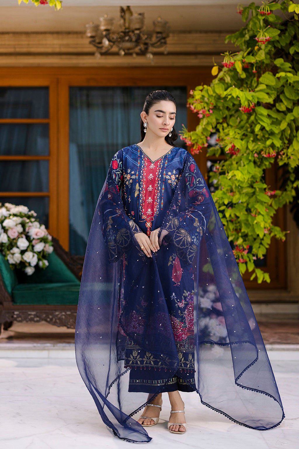 Silk Tunic - 2PCS HAND EMBELLISHED  SHIRT WITH TROUSER-FW25DA-2875 NAVY BLUE