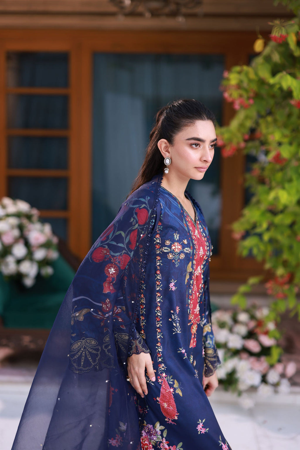 Silk Tunic - 2PCS HAND EMBELLISHED  SHIRT WITH TROUSER-FW25DA-2875 NAVY BLUE